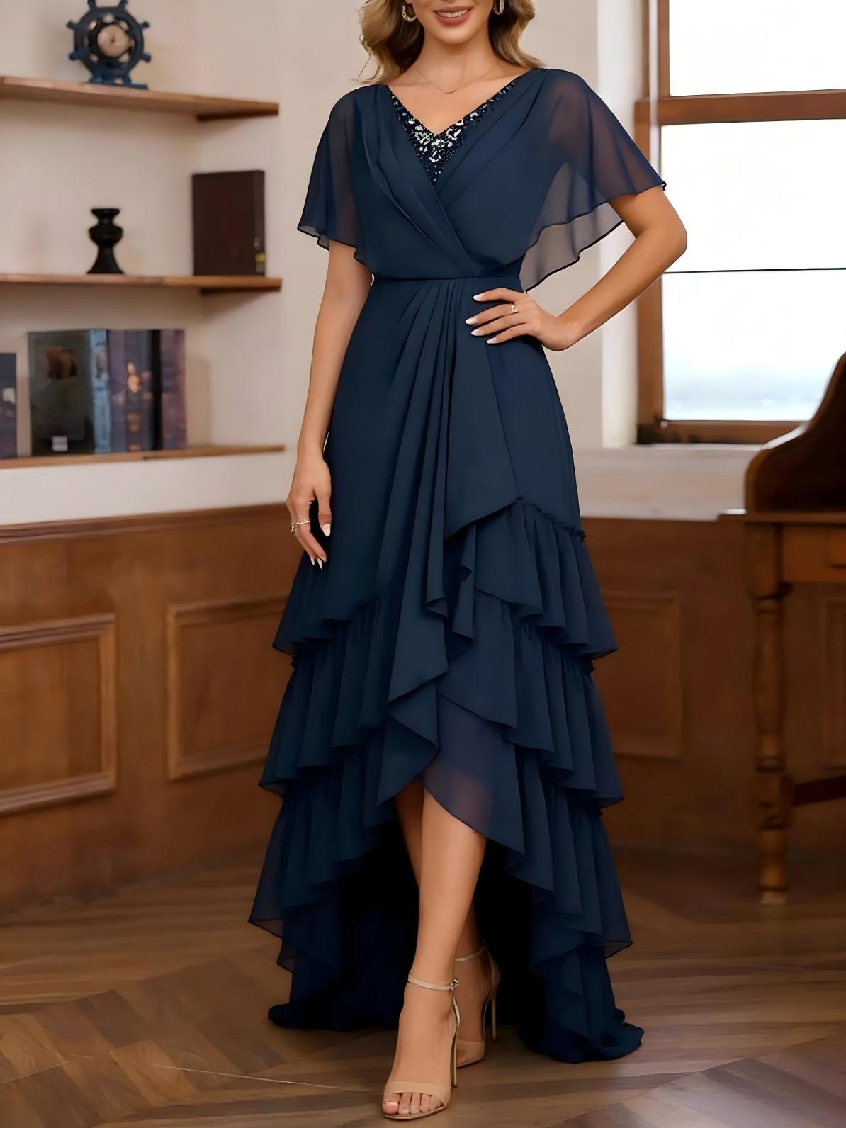 V Neck Chiffon Lace Appliques High Low Ruffles Mother of the Bride Dresses