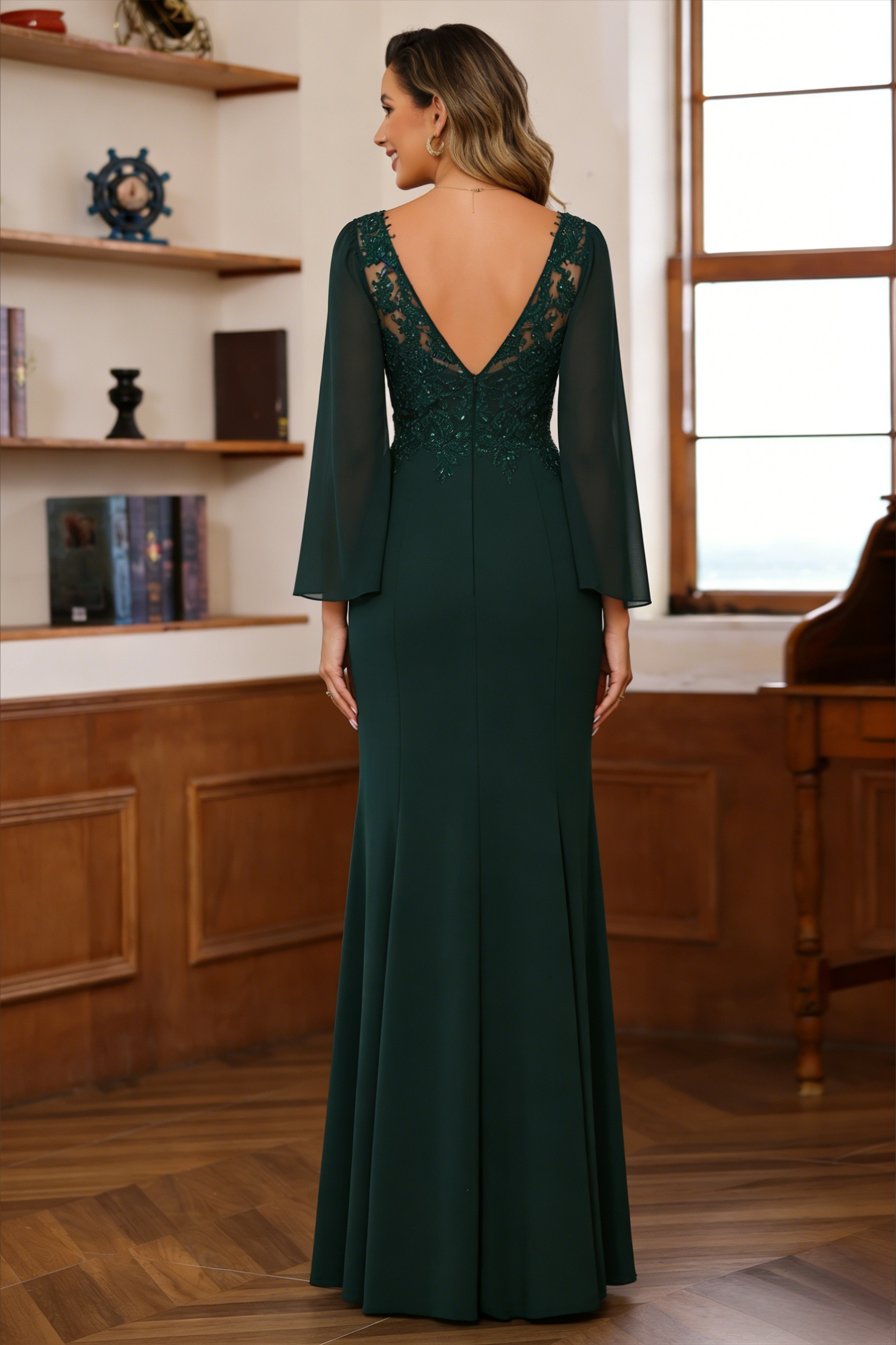 V Neck Chiffon Lace Appliques Mermaid Mother of the Bride Dresses