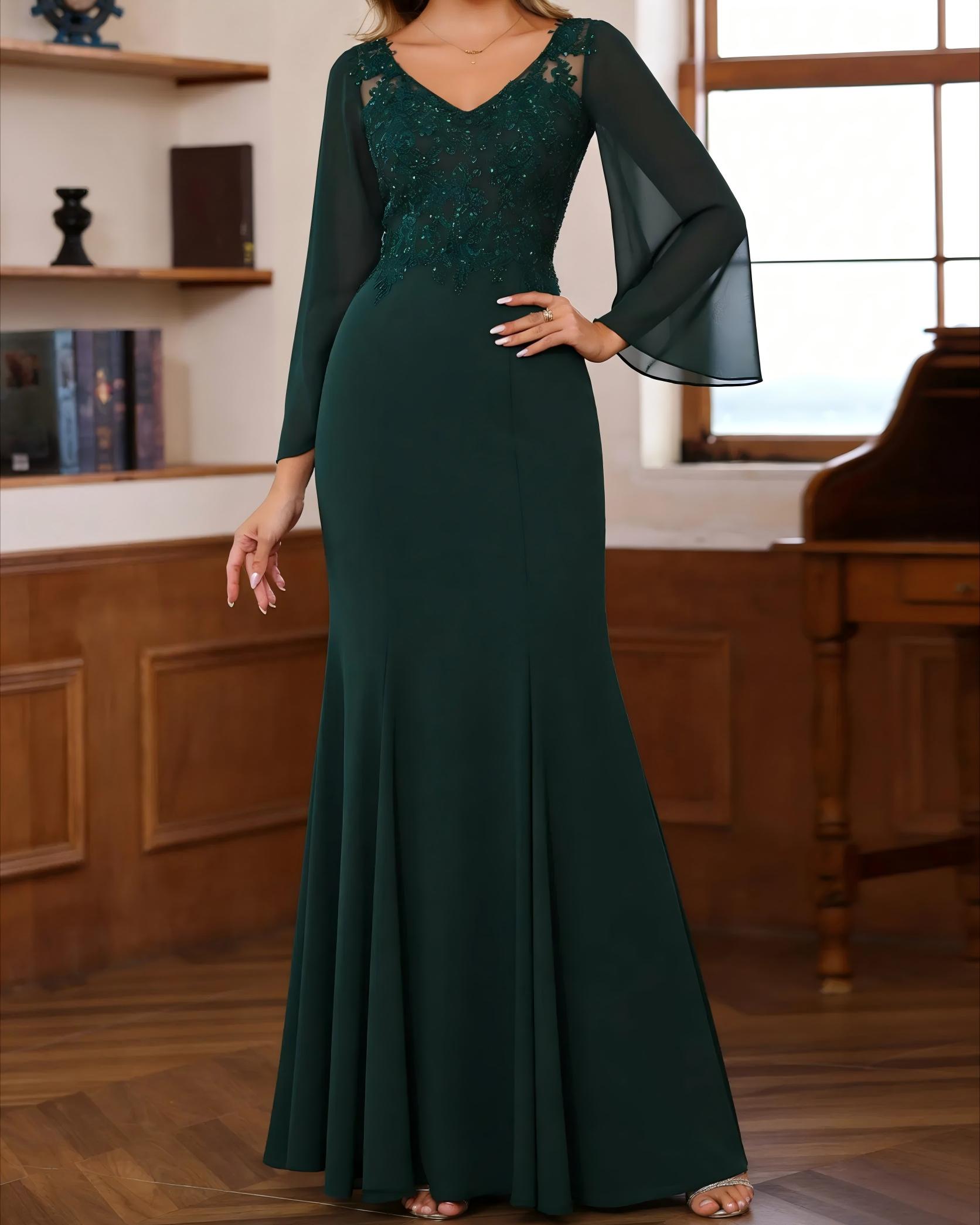 V Neck Chiffon Lace Appliques Mermaid Mother of the Bride Dresses