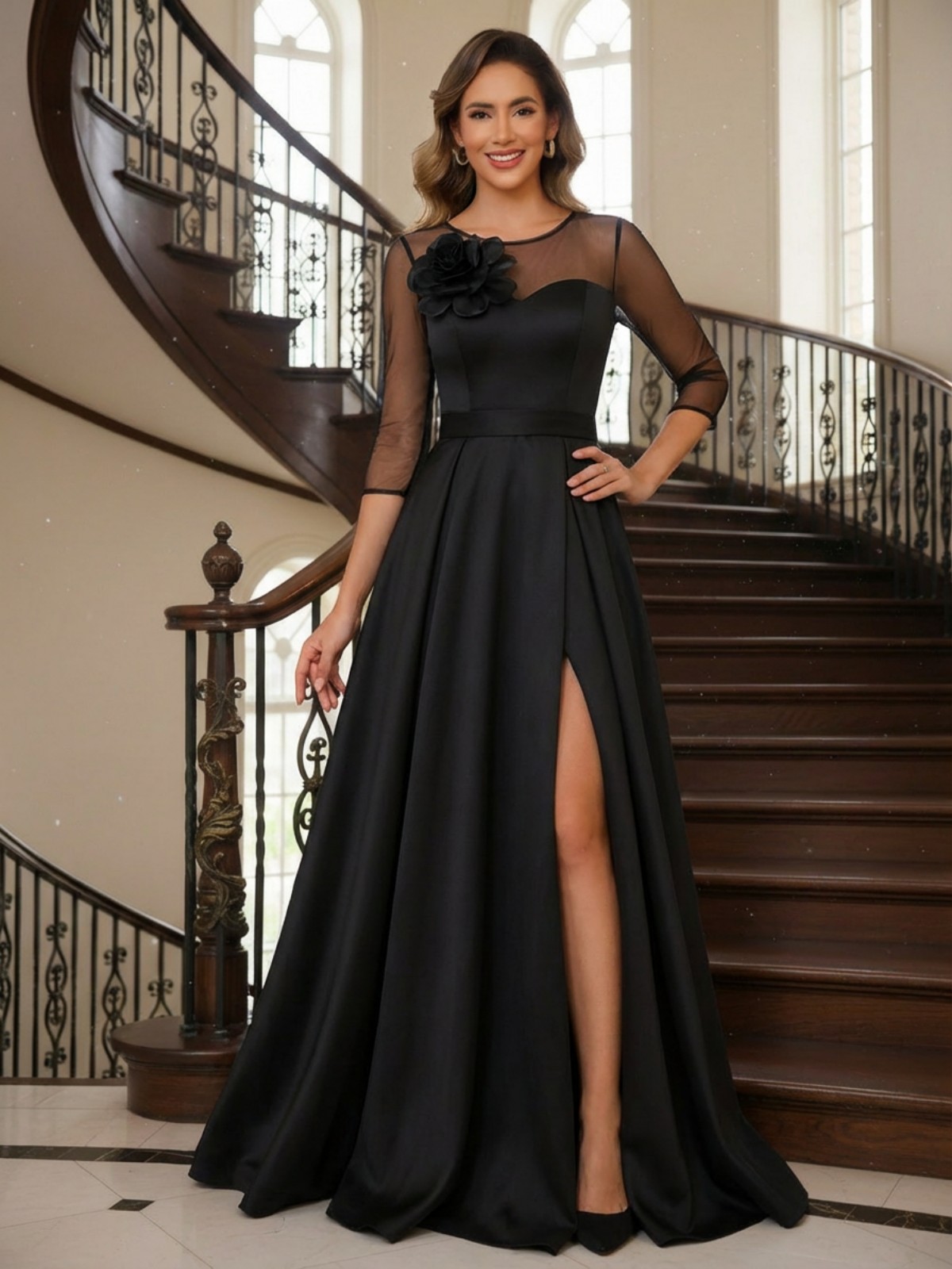 Satin Round Neck 3D Flower A Line Corset Mother of the Bride Dresses