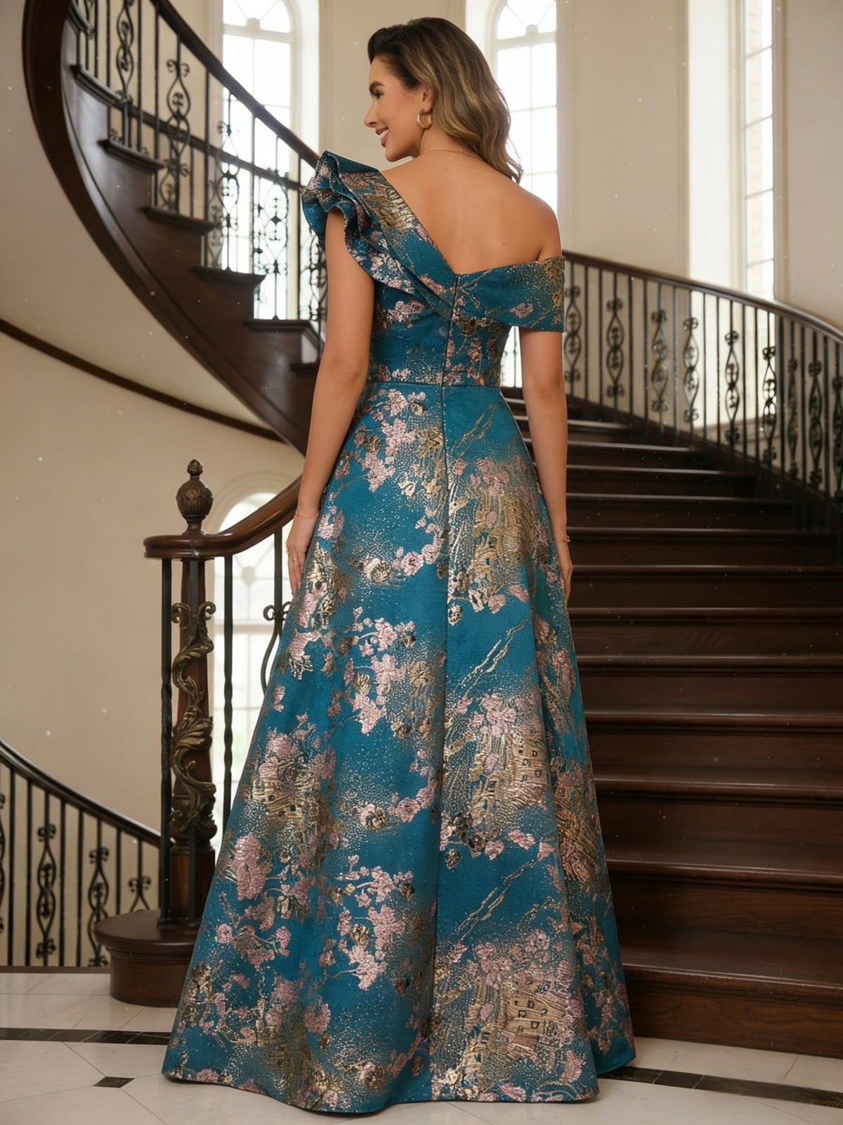 Satin Off the Shoulder Floral Print A Line Ruffle Mother of the Bride Dresses