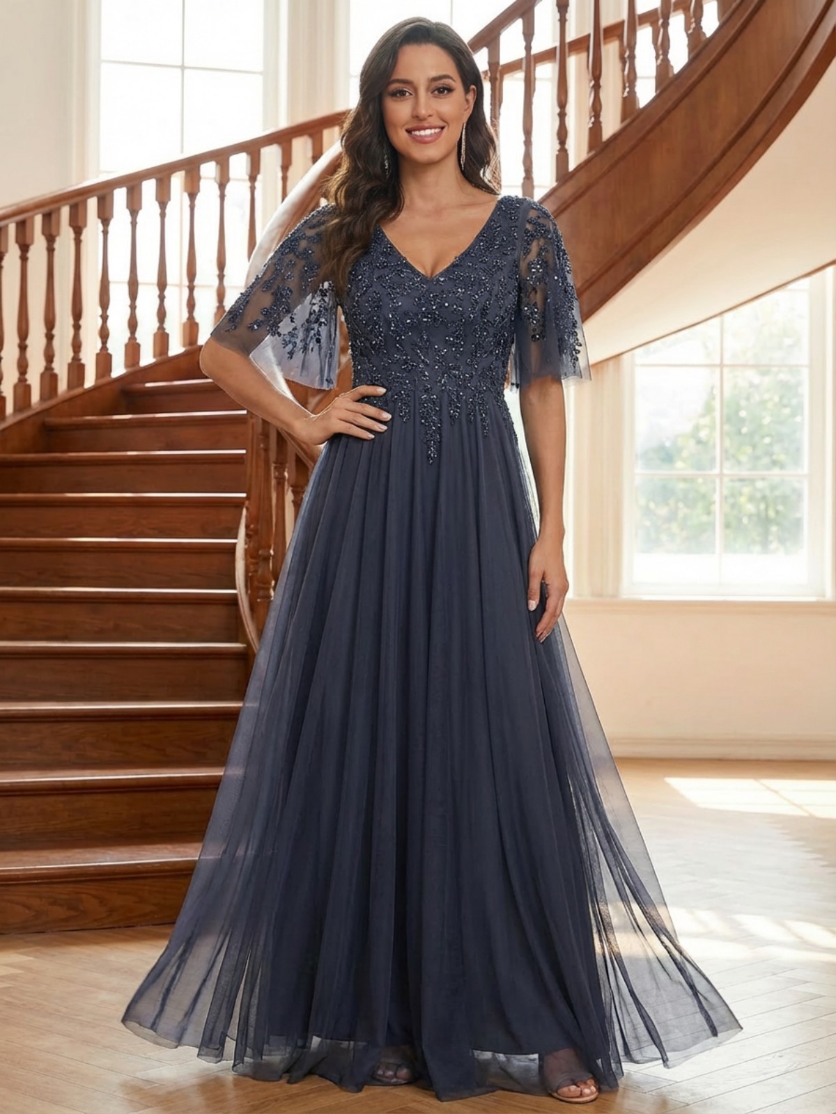 Tulle V Neck A Line Lace Applique Sparkly Mother of the Bride Dresses