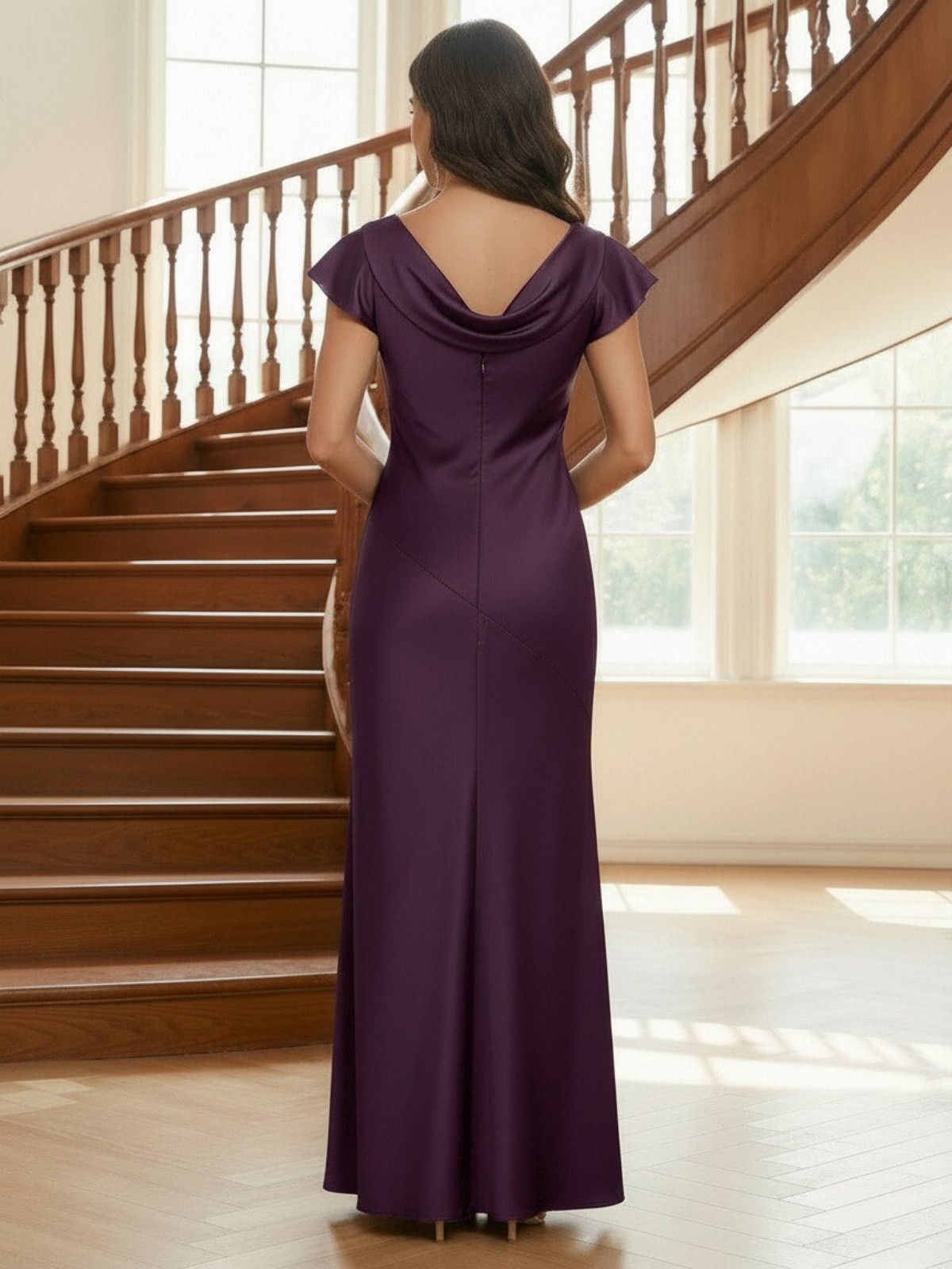 Satin Cowl Neck Flutter Sleeves Mermaid Mother of the Bride Dresses