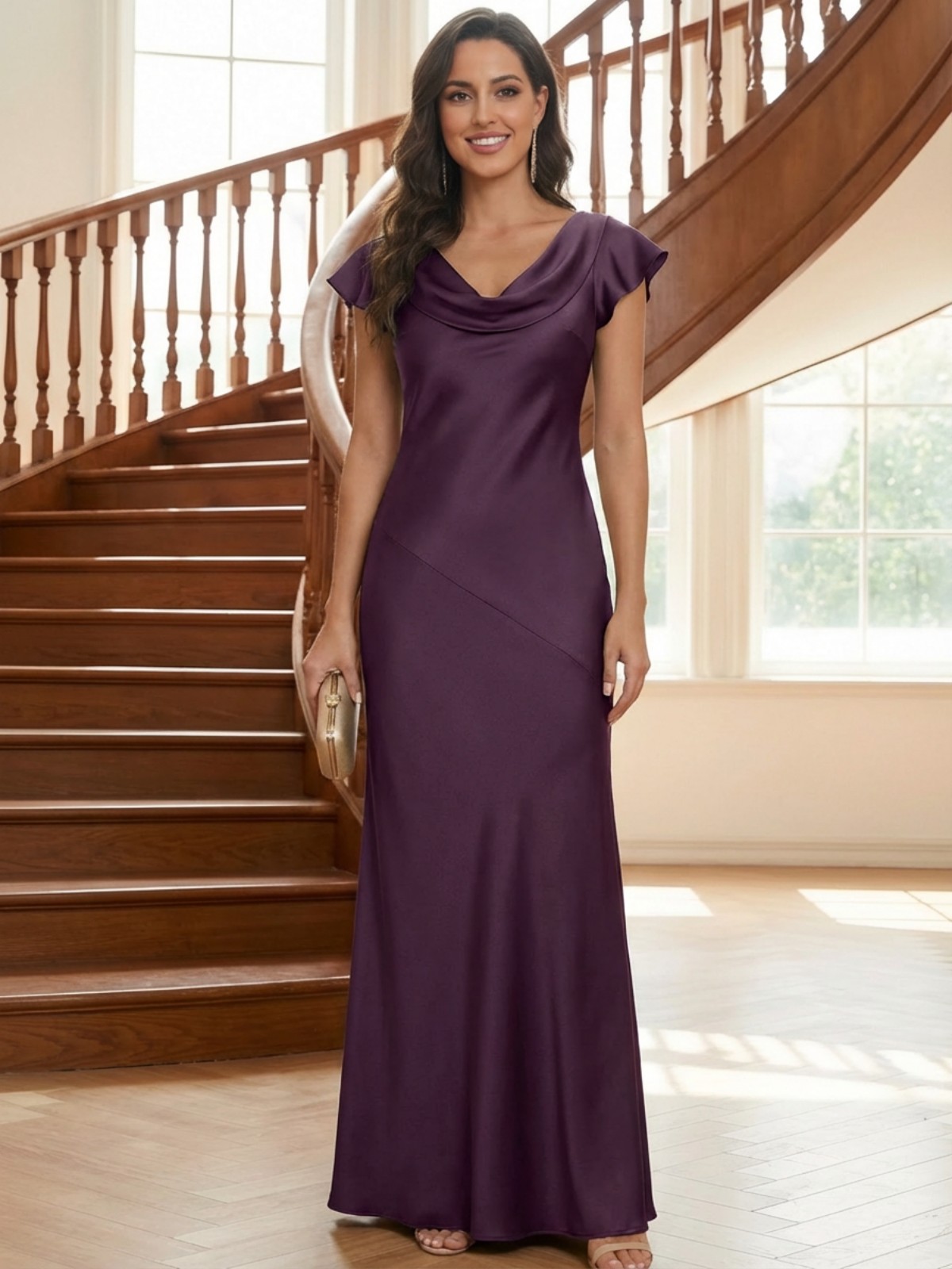 Satin Cowl Neck Flutter Sleeves Mermaid Mother of the Bride Dresses