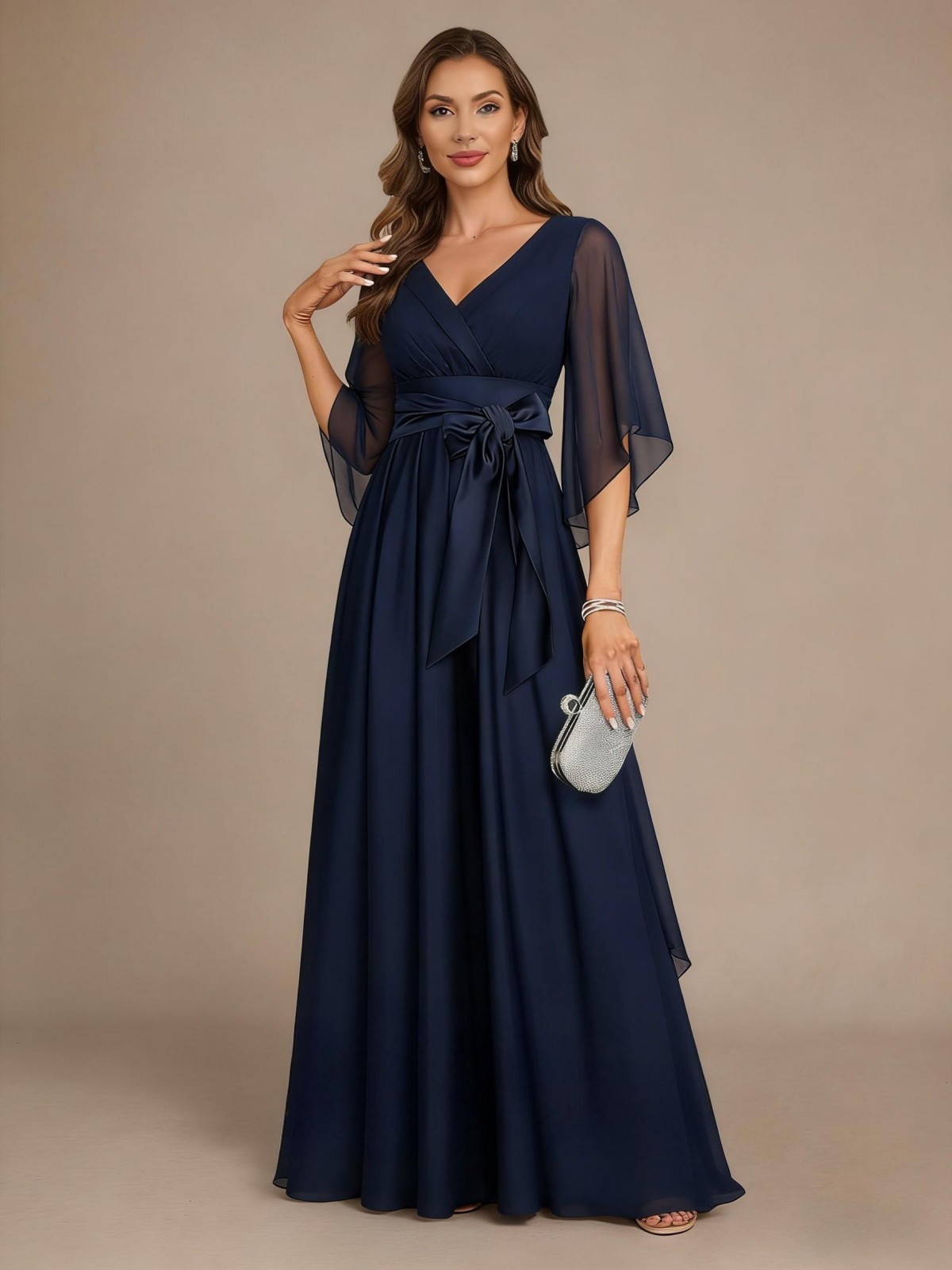 Chiffon V Neck Ruched Bow Mother of the Bride Dresses