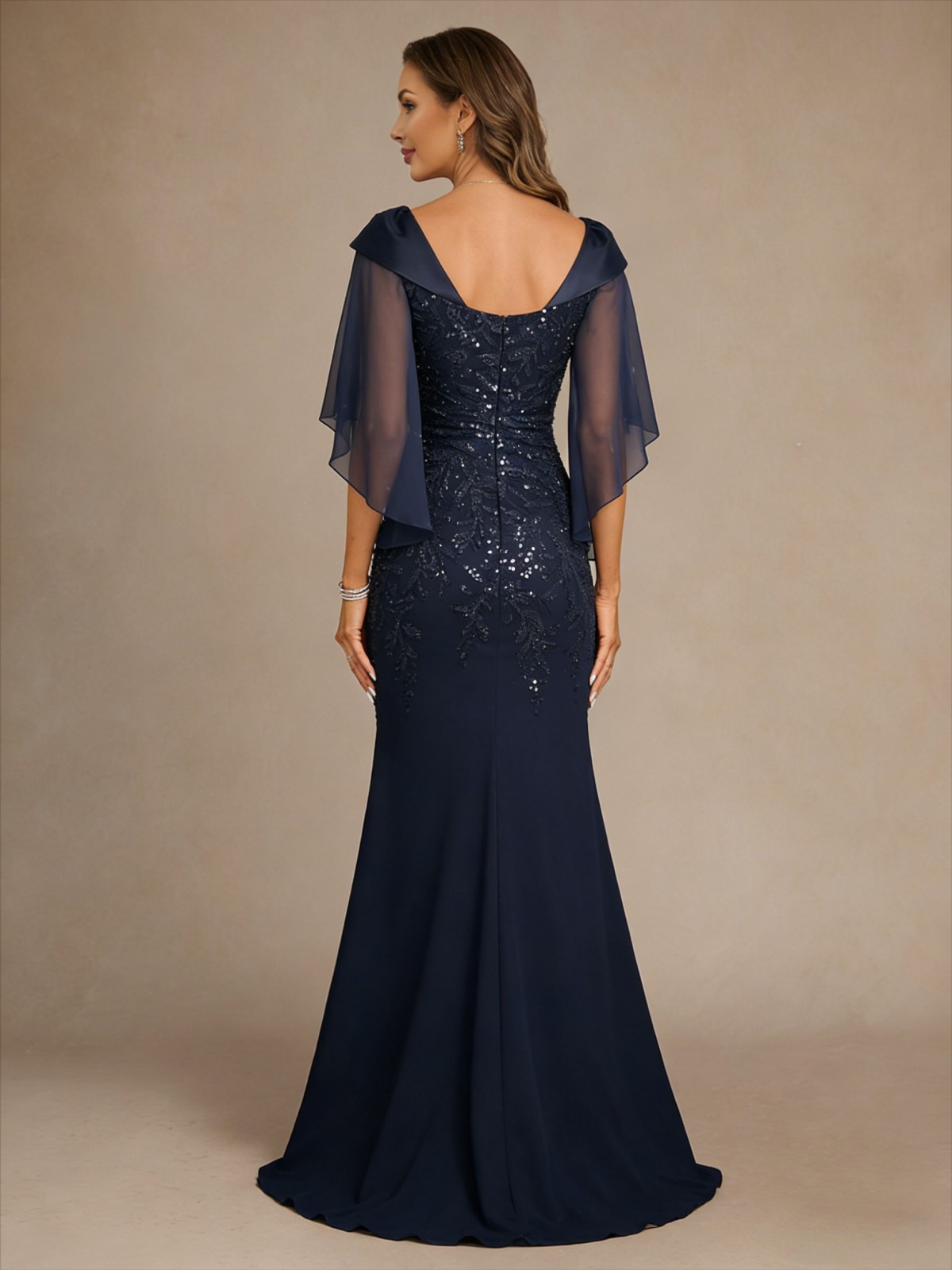 Chiffon V Neck Sequin Mermaid Lace Appliques Mother of the Bride Dresses