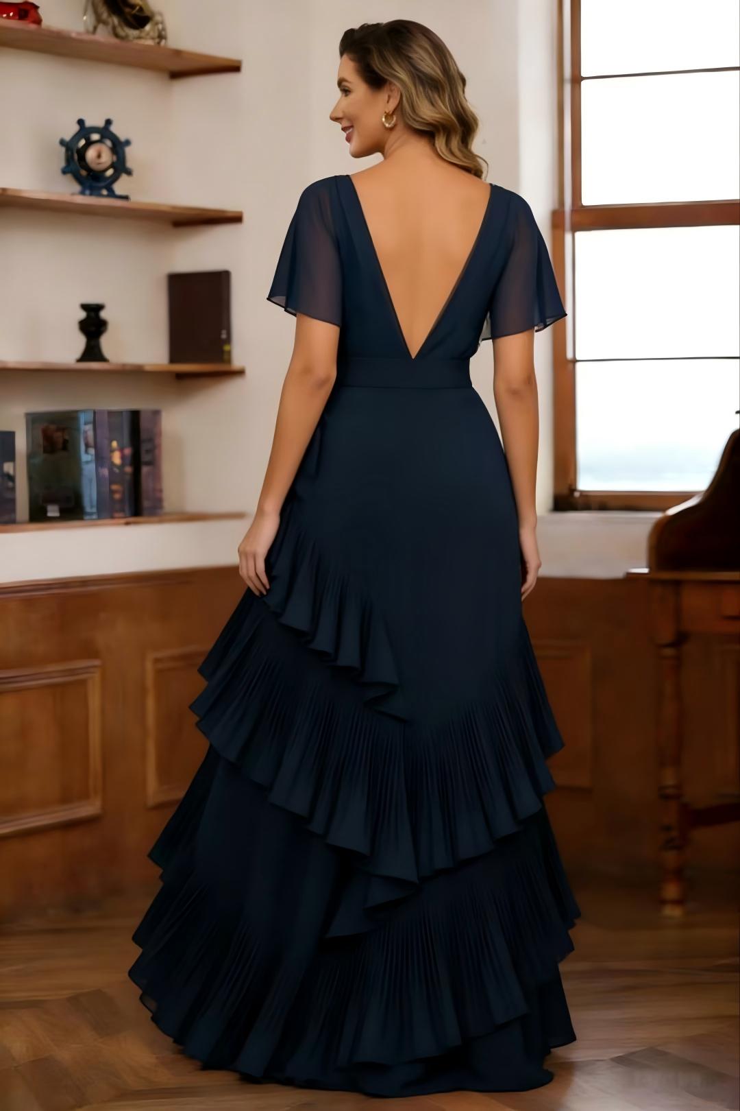 V Neck Chiffon Tiered Mother of the Bride Dresses with Sleeves