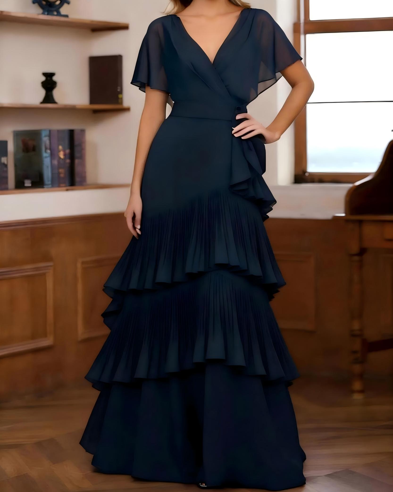 V Neck Chiffon Tiered Mother of the Bride Dresses with Sleeves
