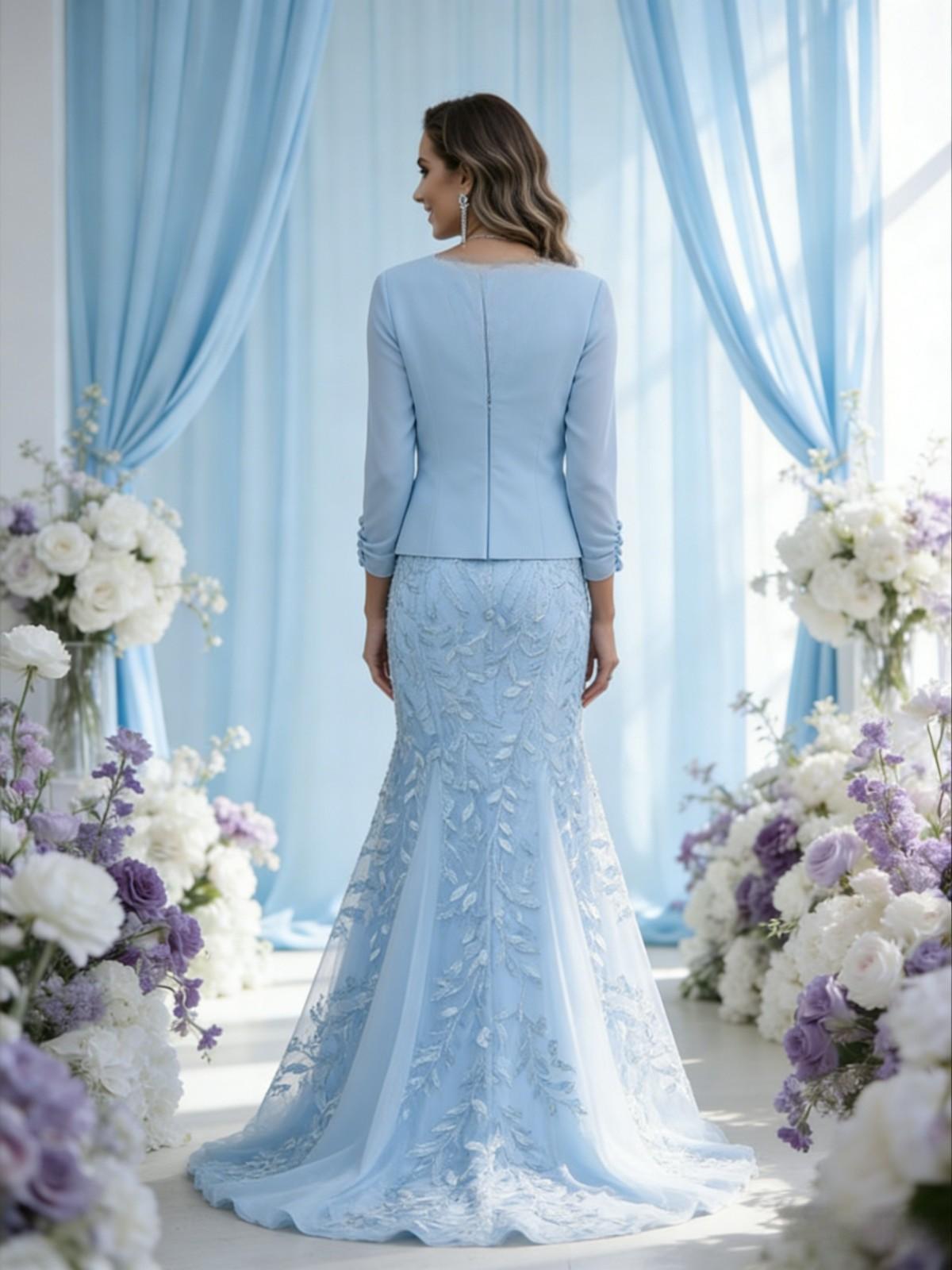 Tulle V Neck Lace Appliques 2 Pieces Mermaid Mother of the Bride Dresses