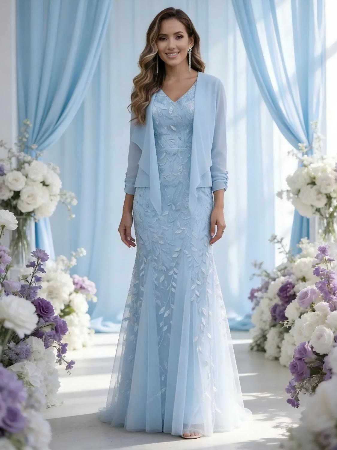 Tulle V Neck Lace Appliques 2 Pieces Mermaid Mother of the Bride Dresses