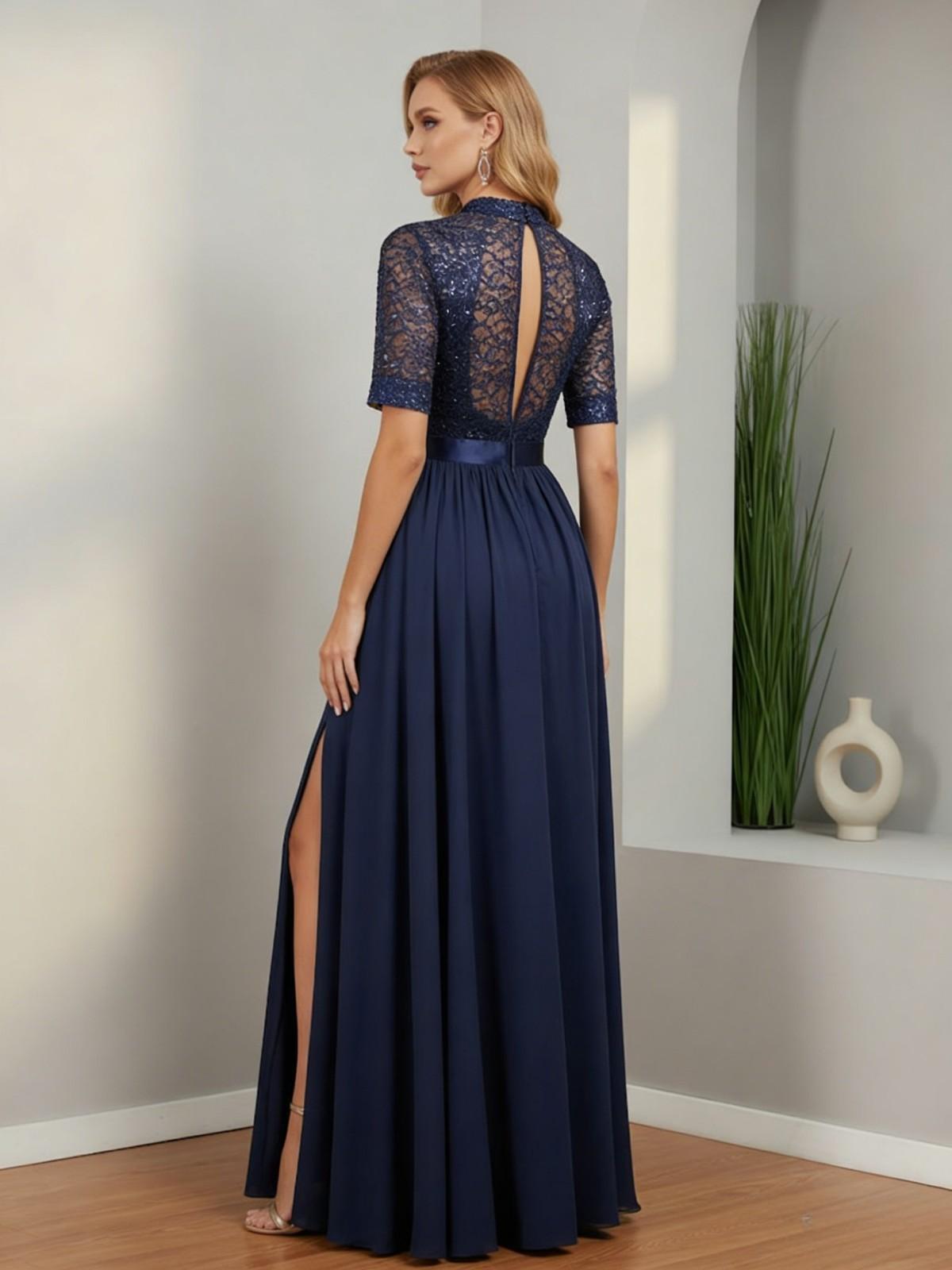 Satin Round Neck Lace Appliques A Line Mother of the Bride Dresses with Slit