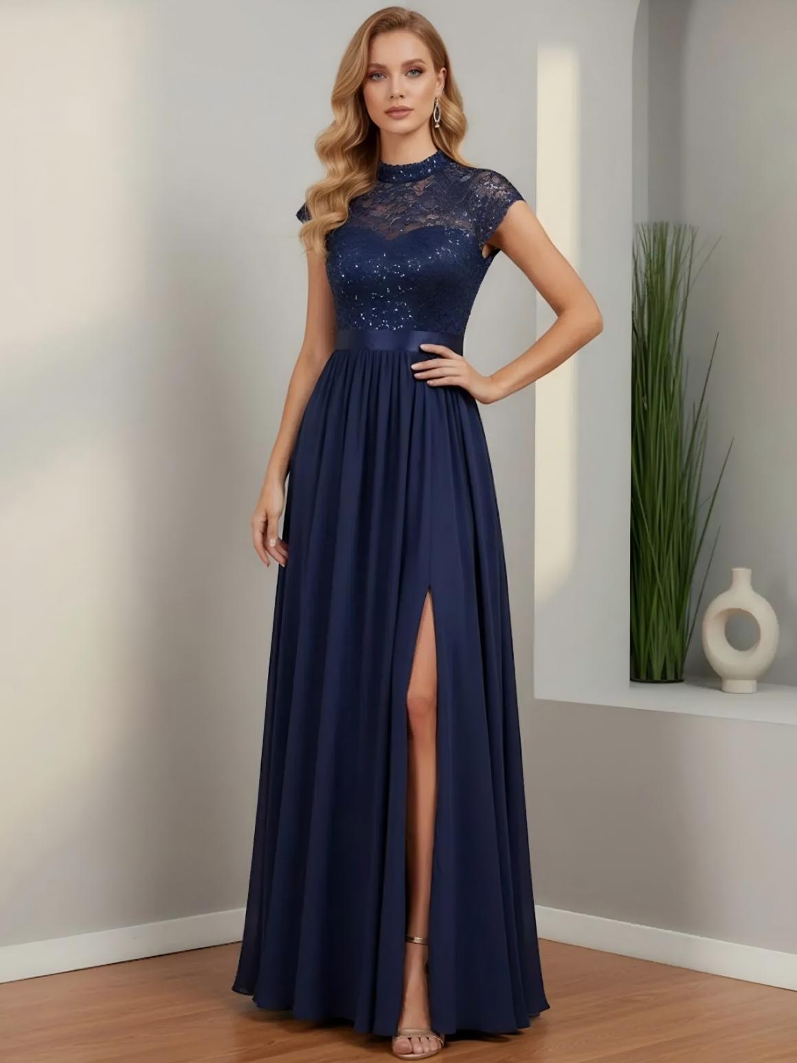 Satin Round Neck Lace Appliques A Line Mother of the Bride Dresses with Slit