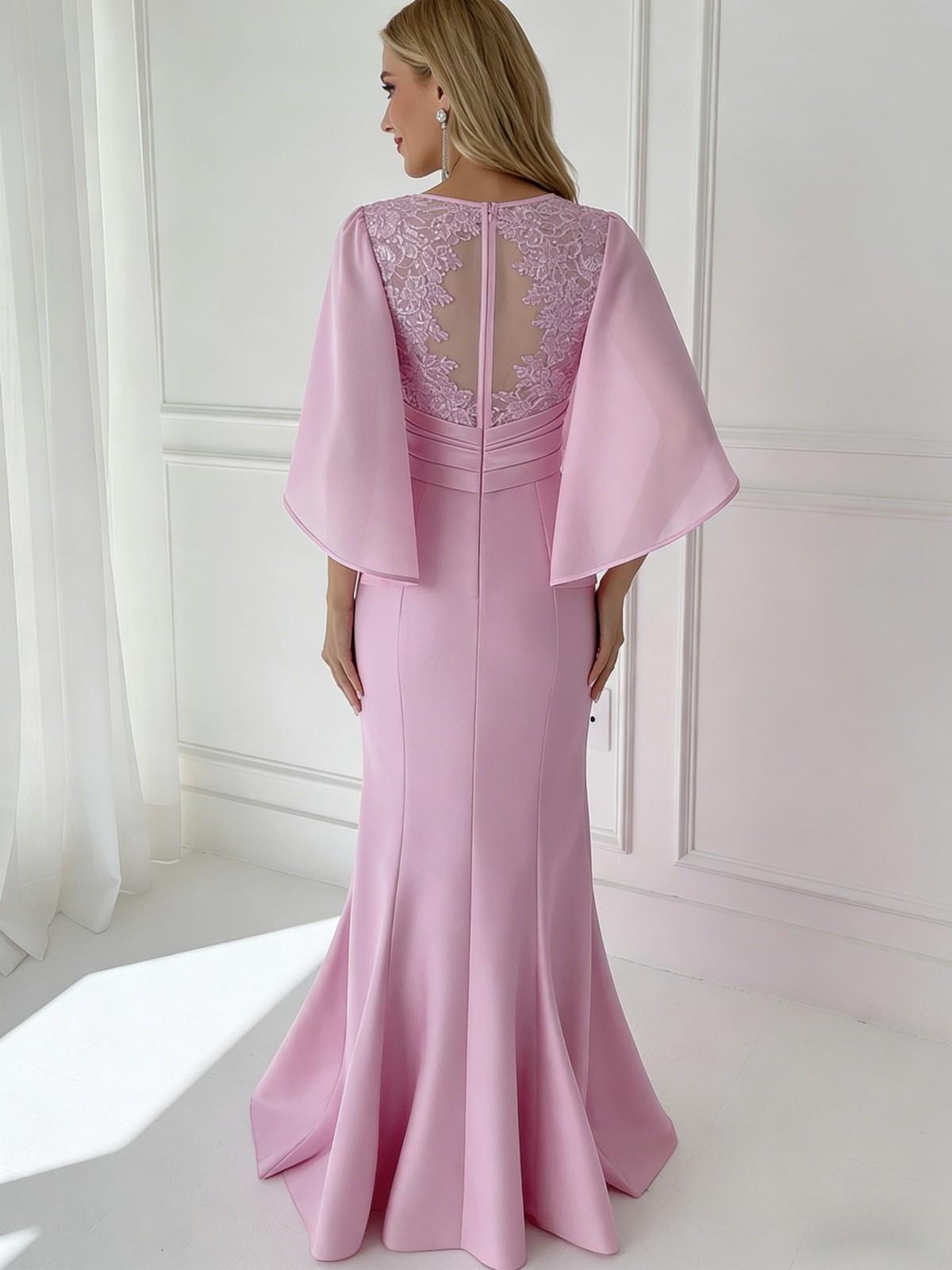 Satin Round Neck Lace Appliques Mermaid Mother of the Bride Dresses with Cap