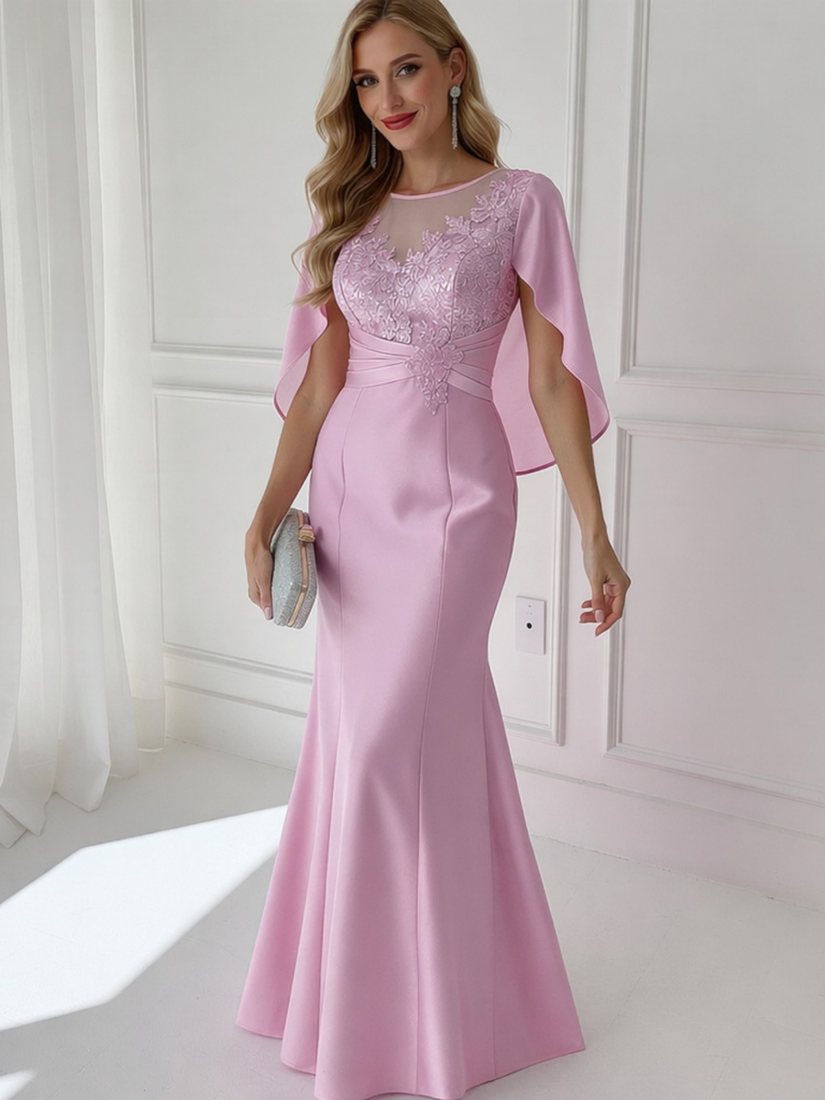 Satin Round Neck Lace Appliques Mermaid Mother of the Bride Dresses with Cap