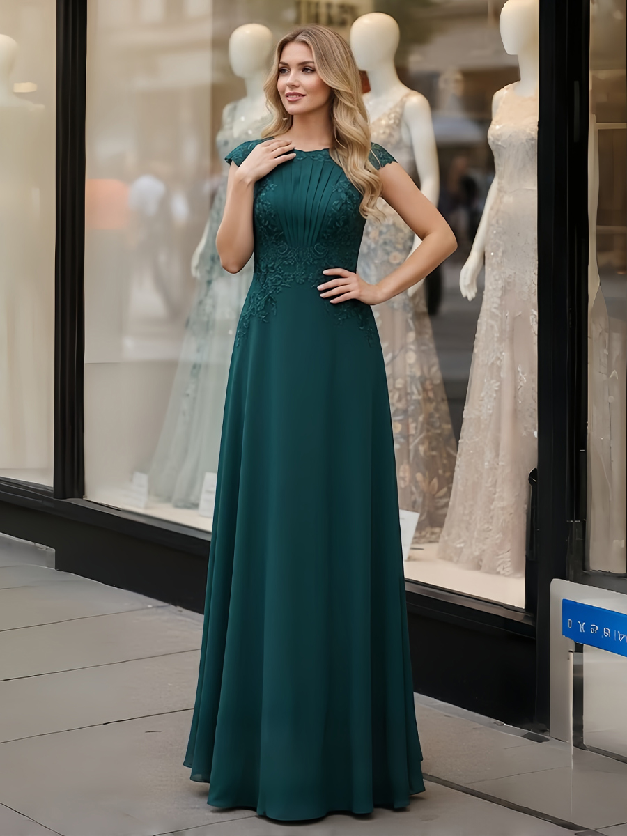 Lace Appliques Chiffon Round Neck Mother of the Bride Dresses