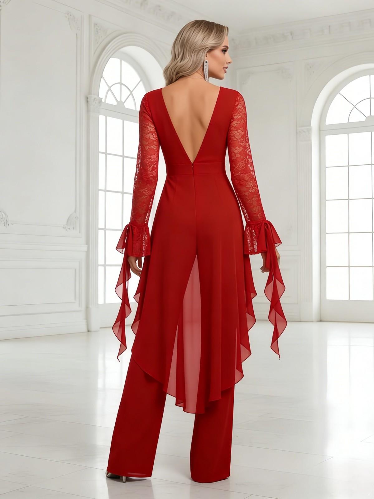 Ruffles Lace Appliques Chiffon V Neck 3 Pieces Suitcase Mother of the Bride Dresses