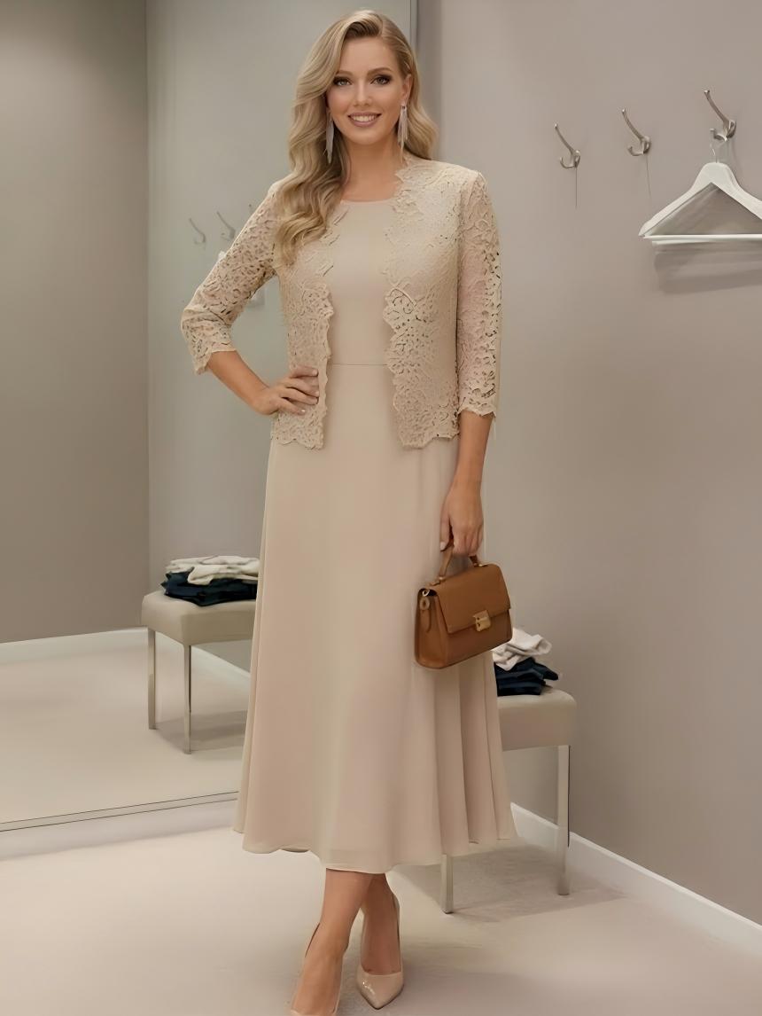 Lace Appliques Chiffon Round Neck 2 Pieces Suitcase Mother of the Bride Dresses