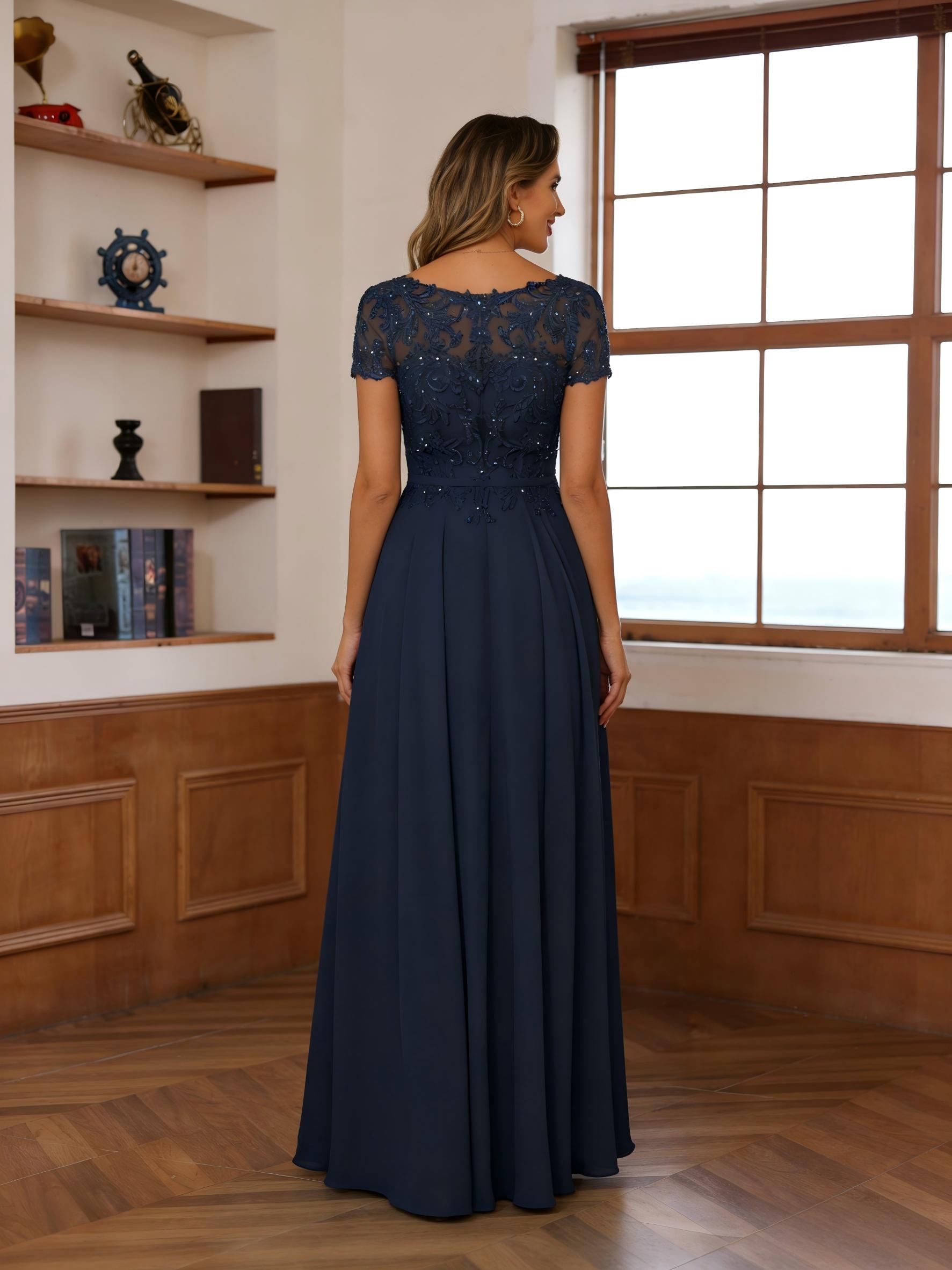 Round Neck Chiffon Mother of the Bride Dresses with Sleeves
