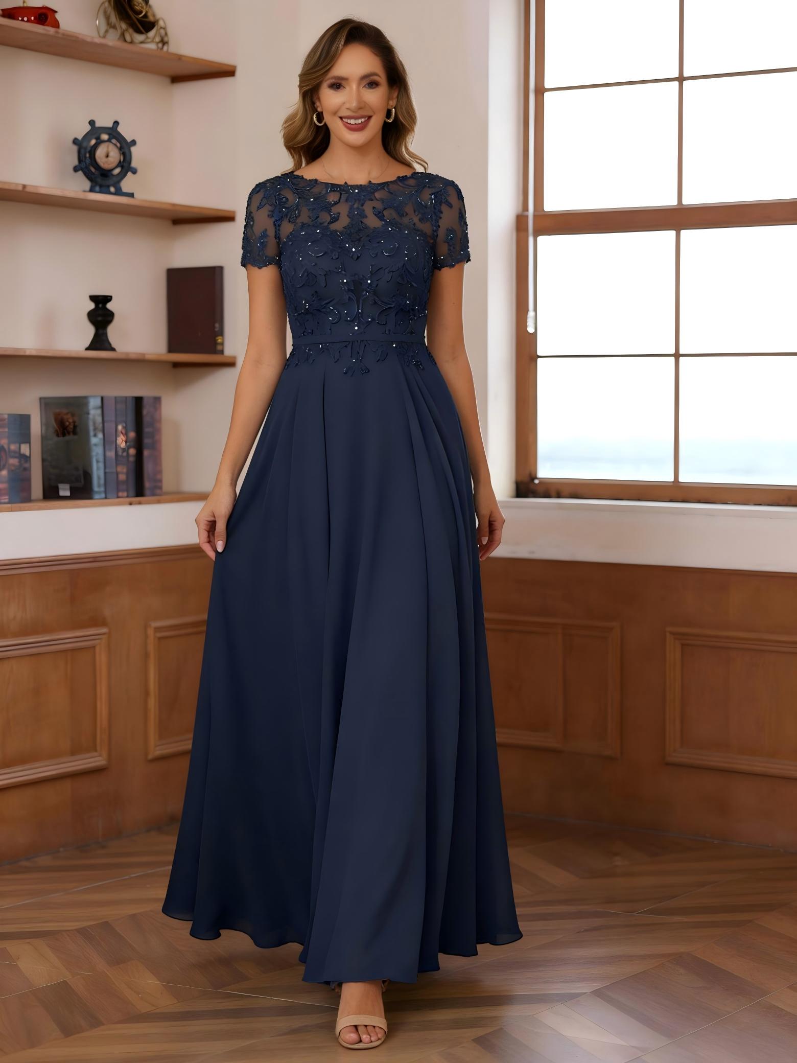 Round Neck Chiffon Mother of the Bride Dresses with Sleeves