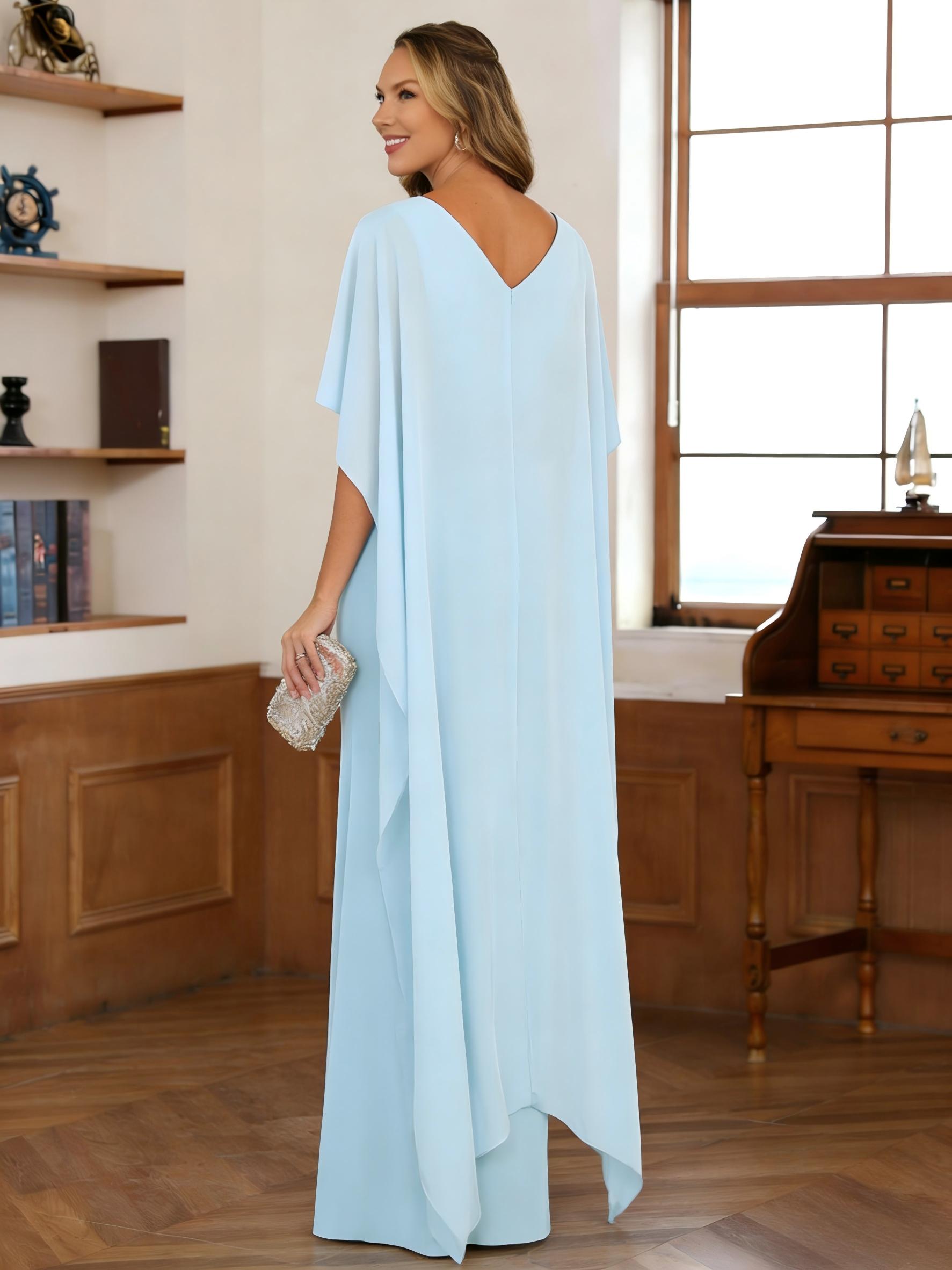 V Neck Chiffon Mother of the Bride Dresses with Sleeves