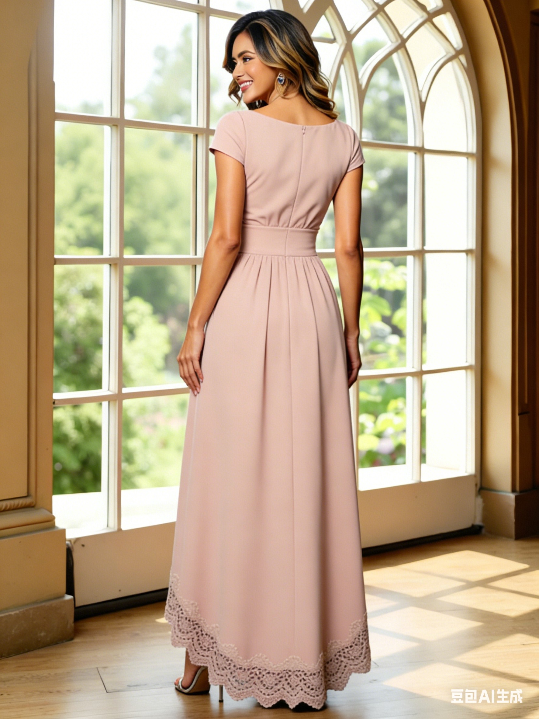 Round Neck Chiffon Lace Appliques A Line Short Sleeves Mother of the Bride Dresses