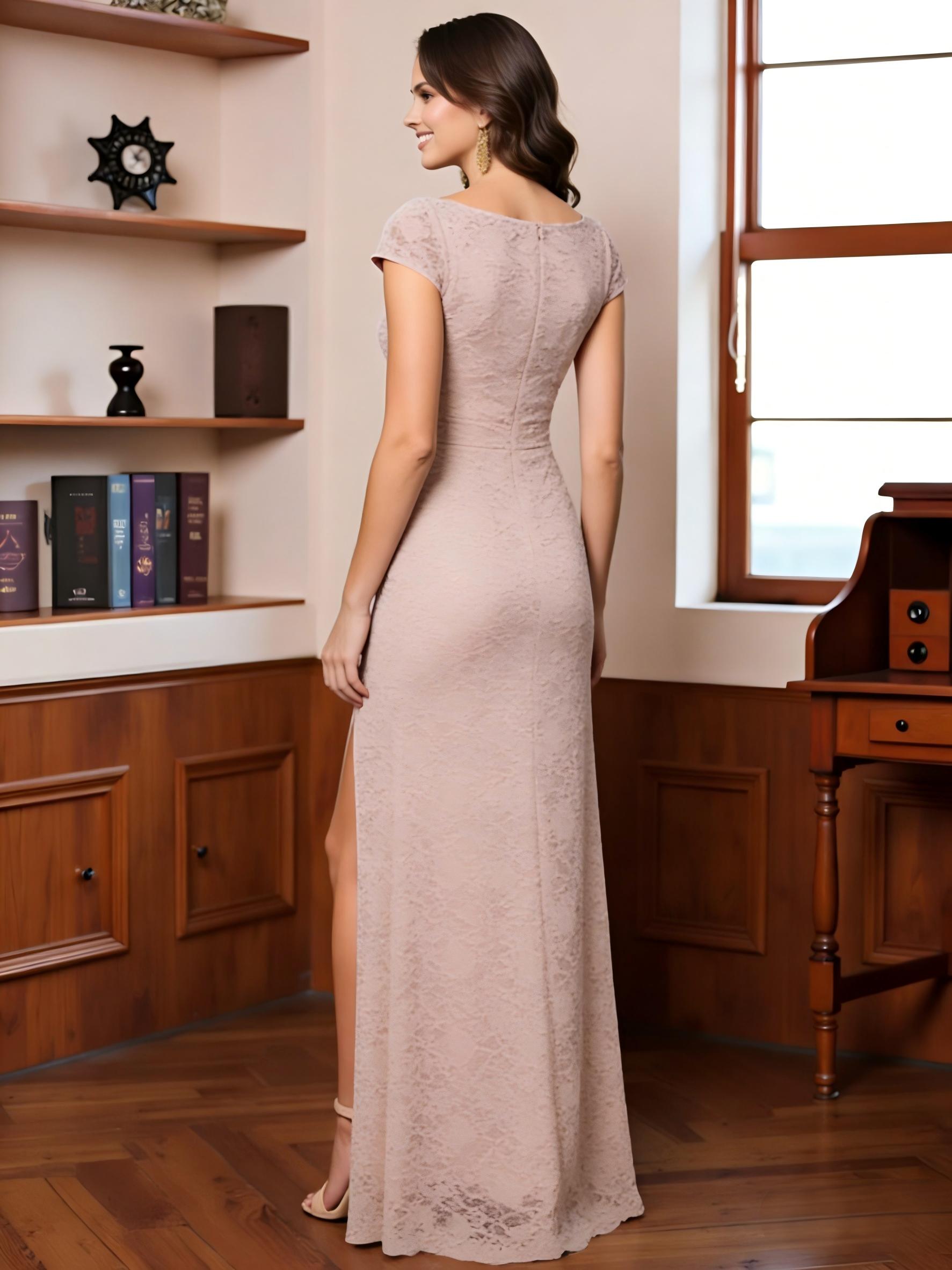 Round Neck Lace Appliques Sheath Short Sleeves Mother of the Bride Dresses with Slit