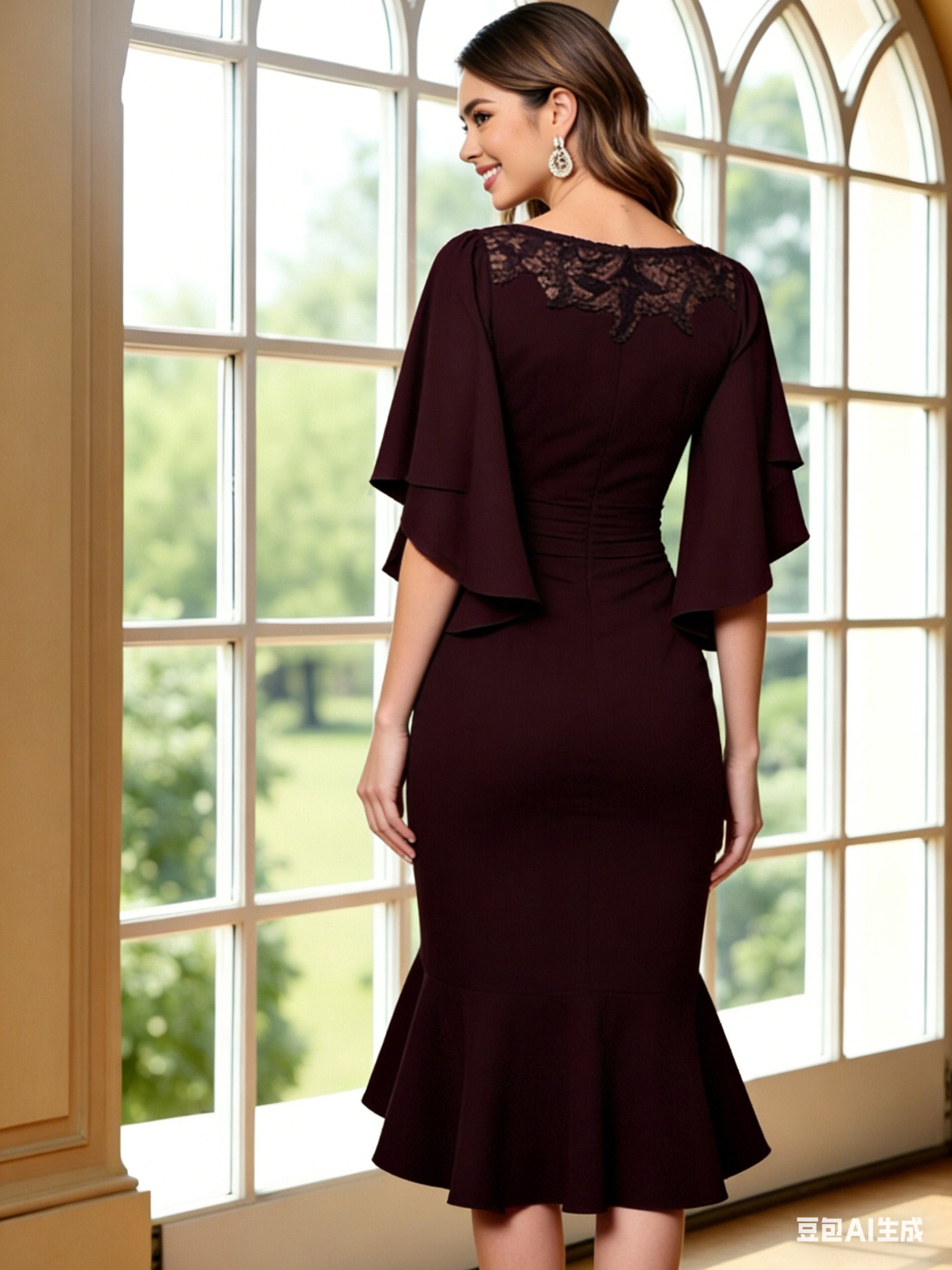 Round Neck Chiffon Lace Appliques Sheath Ruffles Short Sleeves Mother of the Bride Dresses