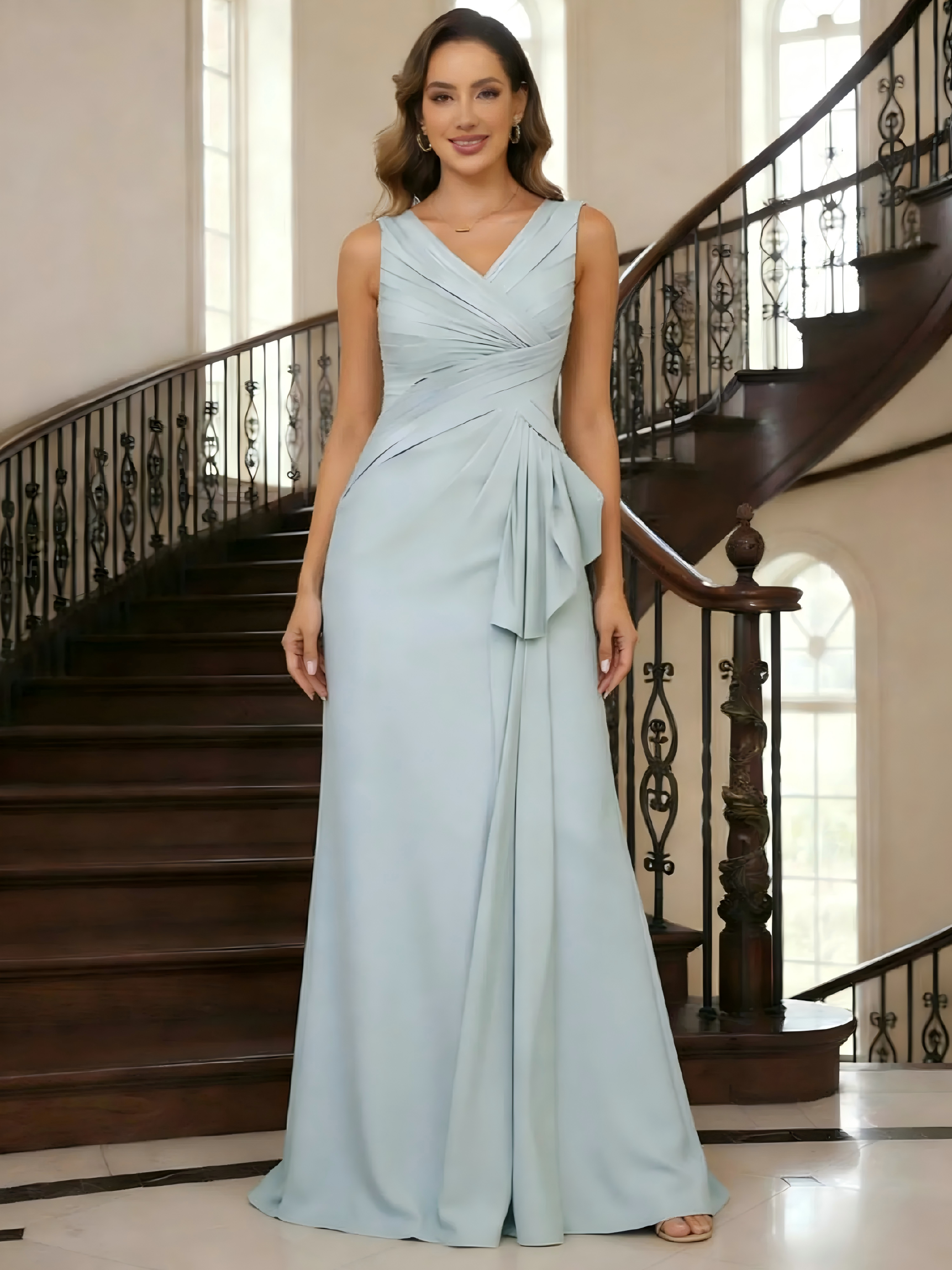 V Neck Chiffon Sheath Ruffles Sleeveless Pleated Mother of the Bride Dresses