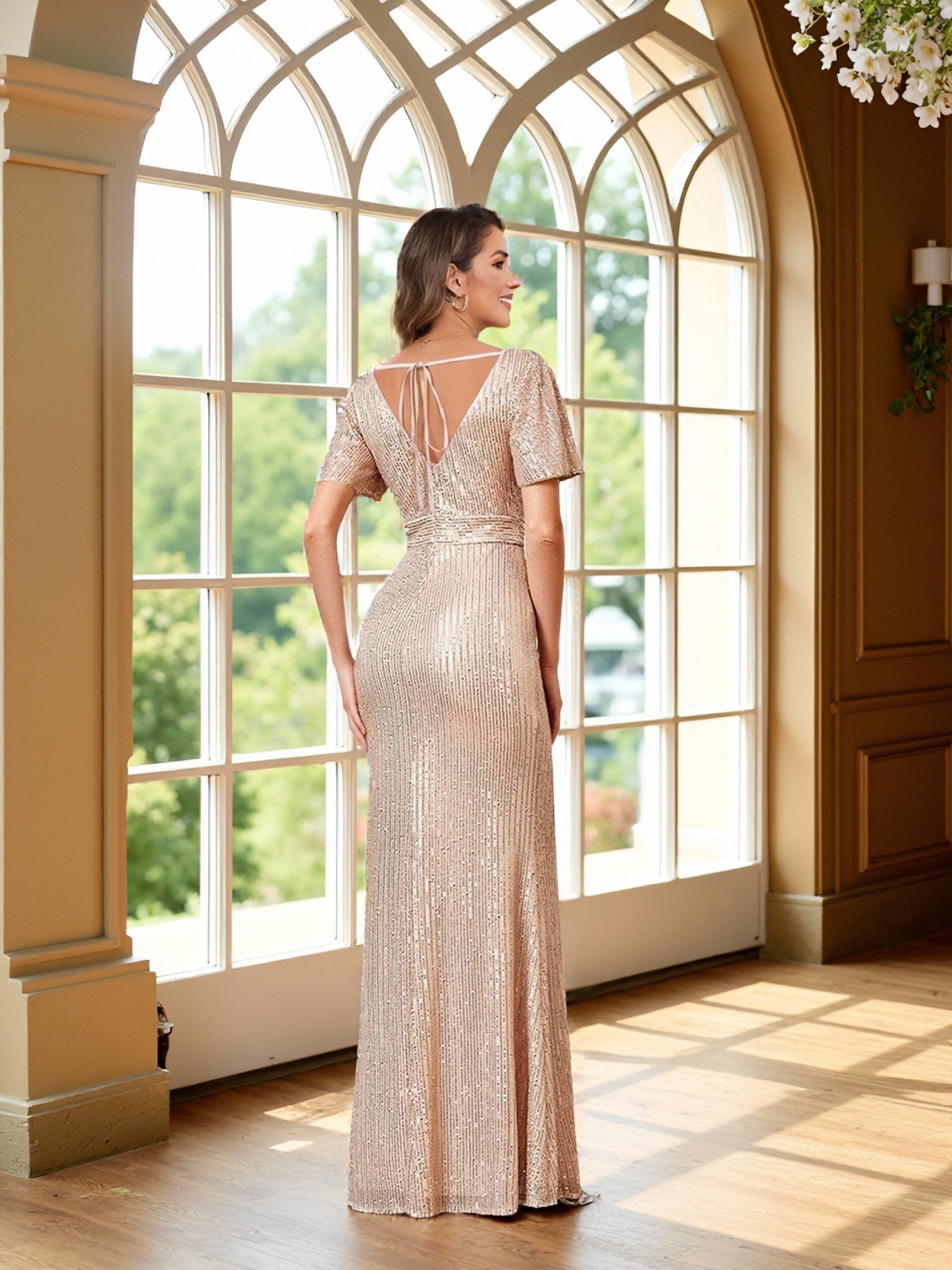 V Neck Sequin Sheath Ruffles Short Sleeves Mother of the Bride Dresses with Slit