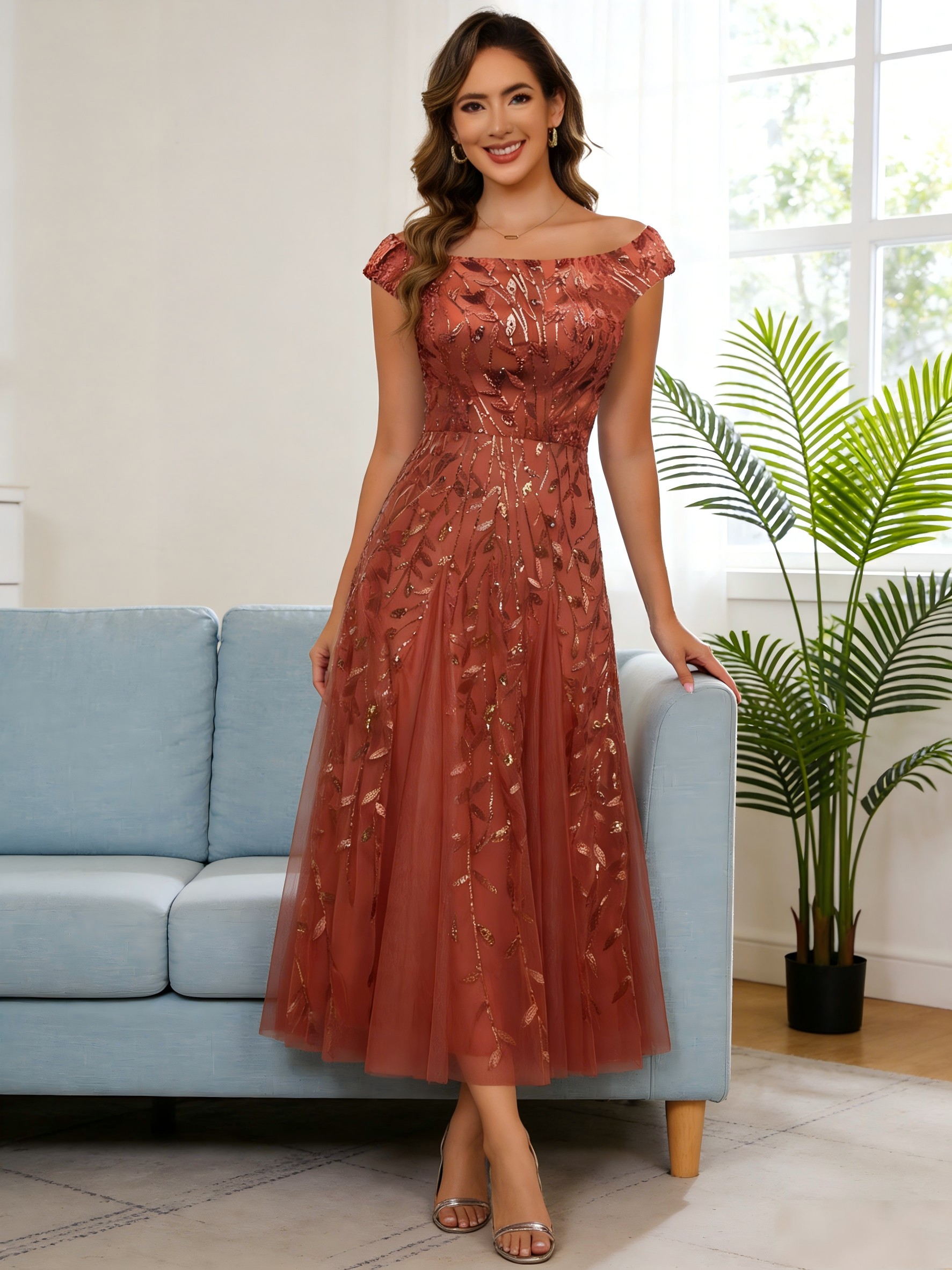 Round Neck Sequin A Line Short Sleeves Mother of the Bride Dresses