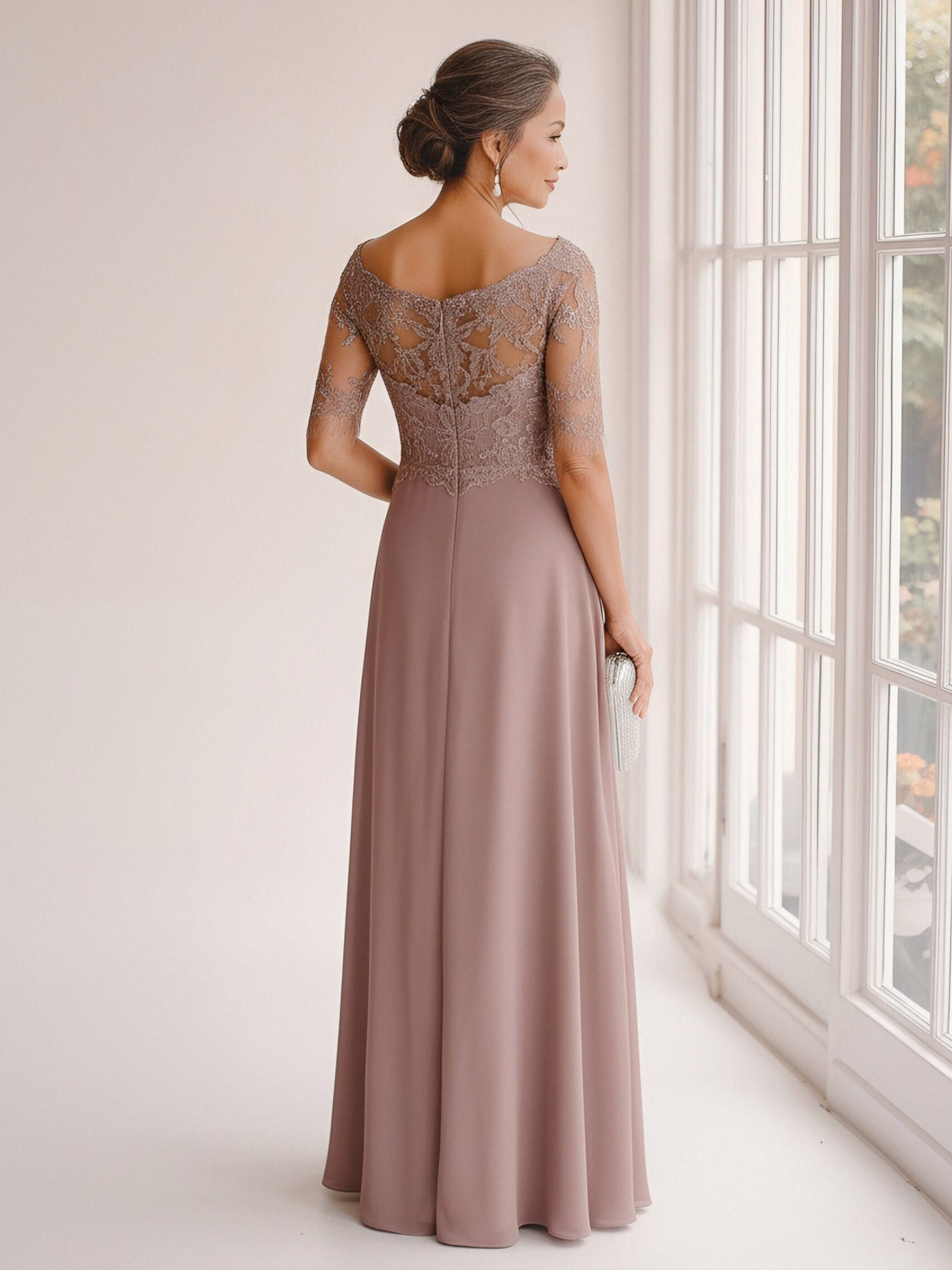Lace Appliques Chiffon Mother of the Bride Dresses with Sleeves