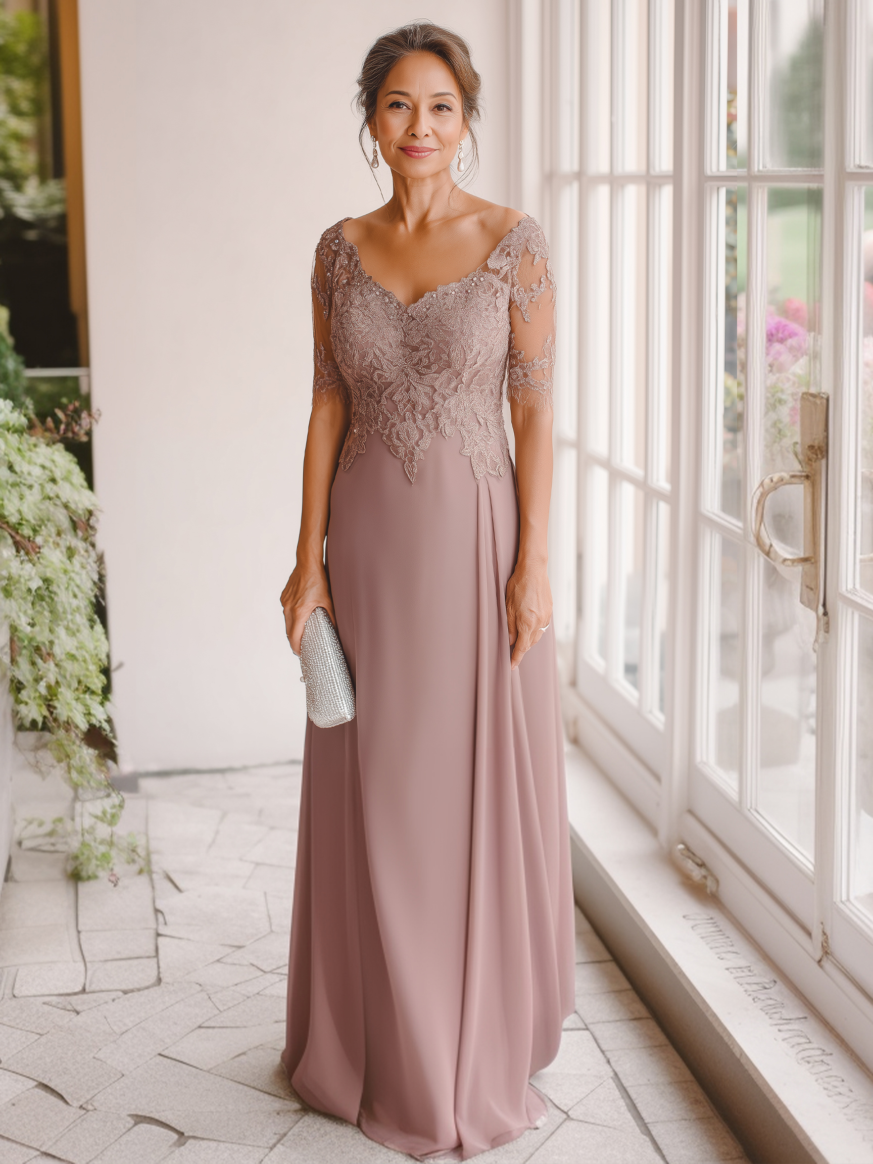 Lace Appliques Chiffon Mother of the Bride Dresses with Sleeves