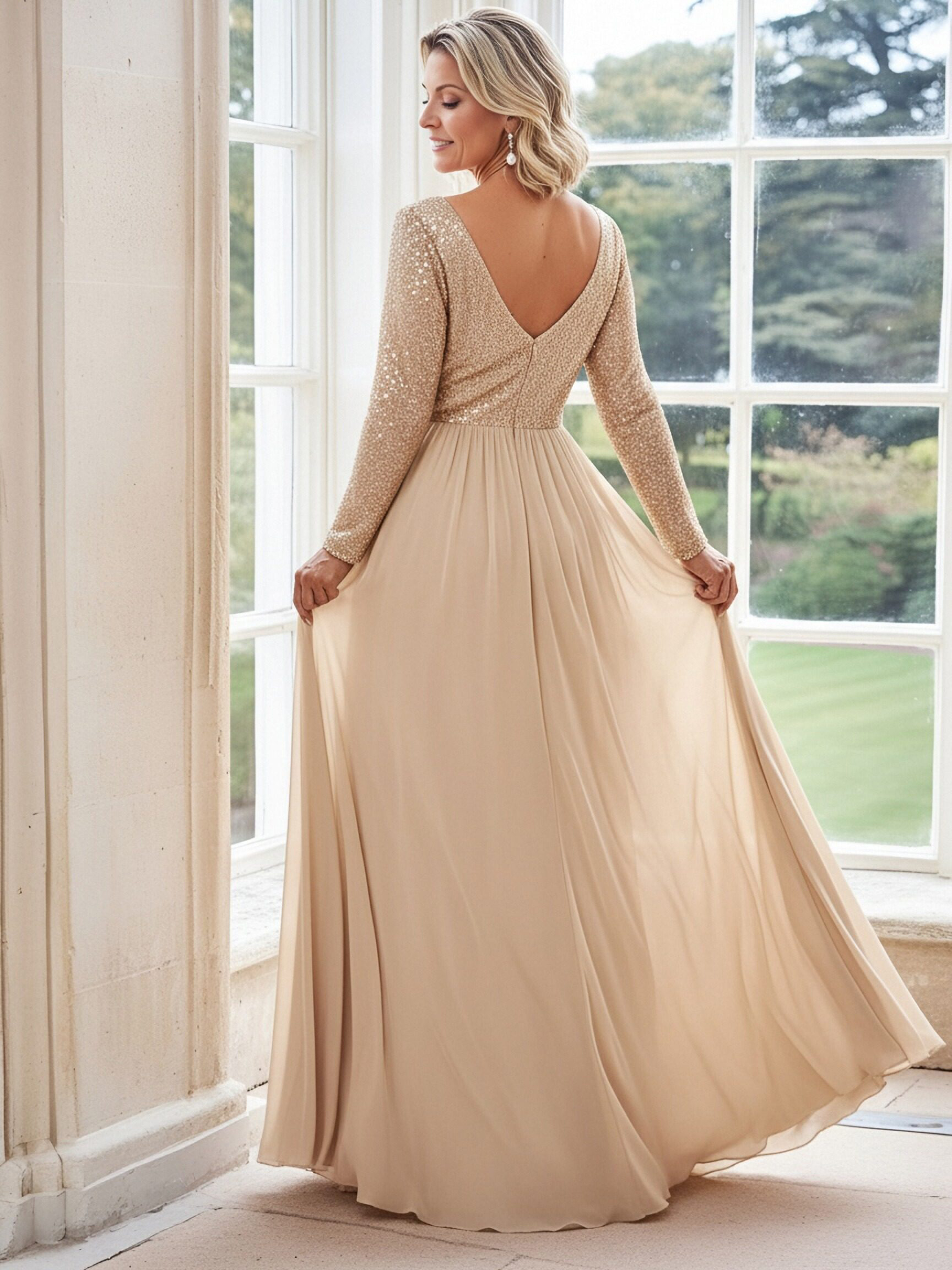 Glitter Sequin Chiffon Mother of the Bride Dresses with Sleeves