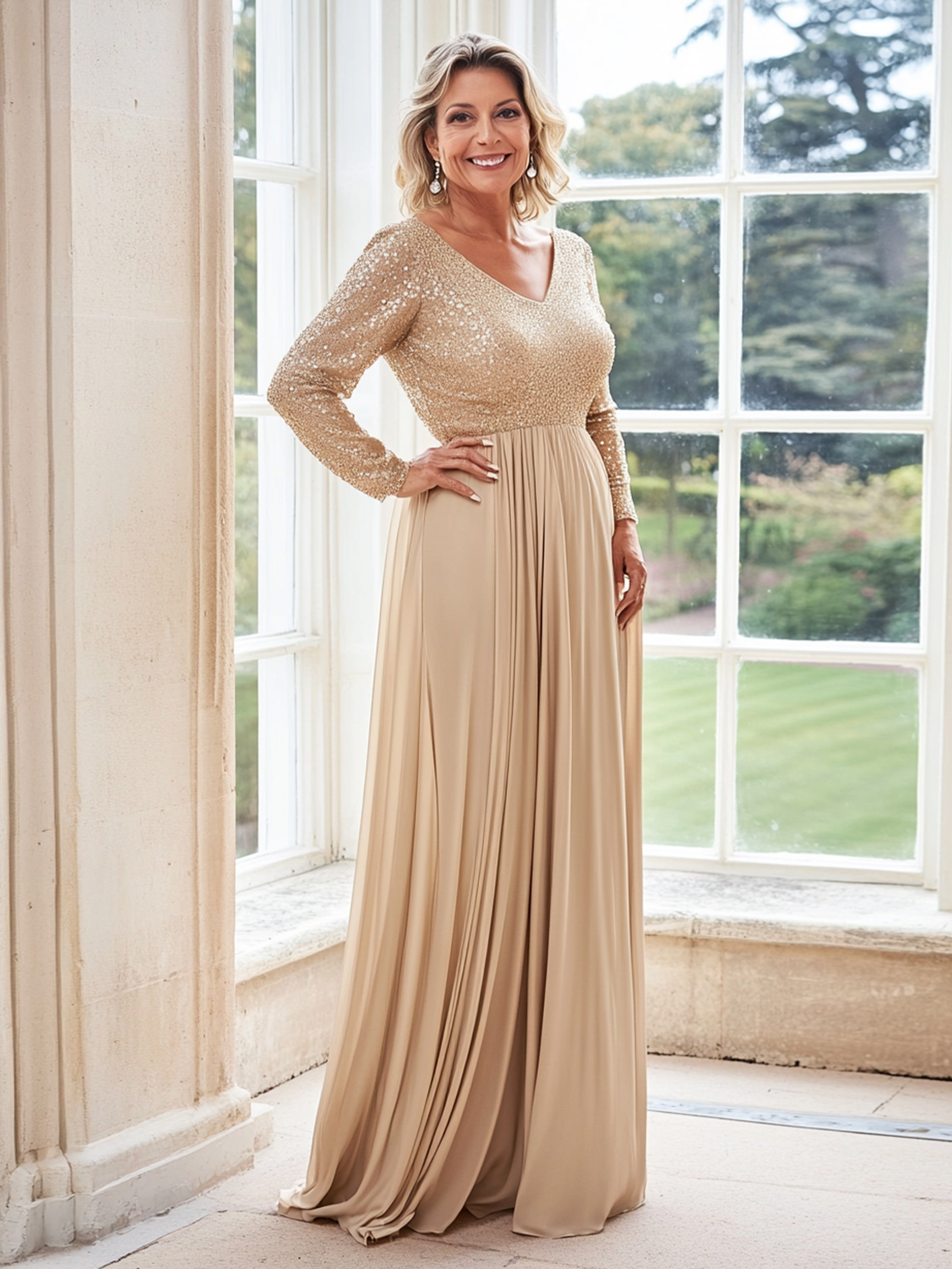 Glitter Sequin Chiffon Mother of the Bride Dresses with Sleeves
