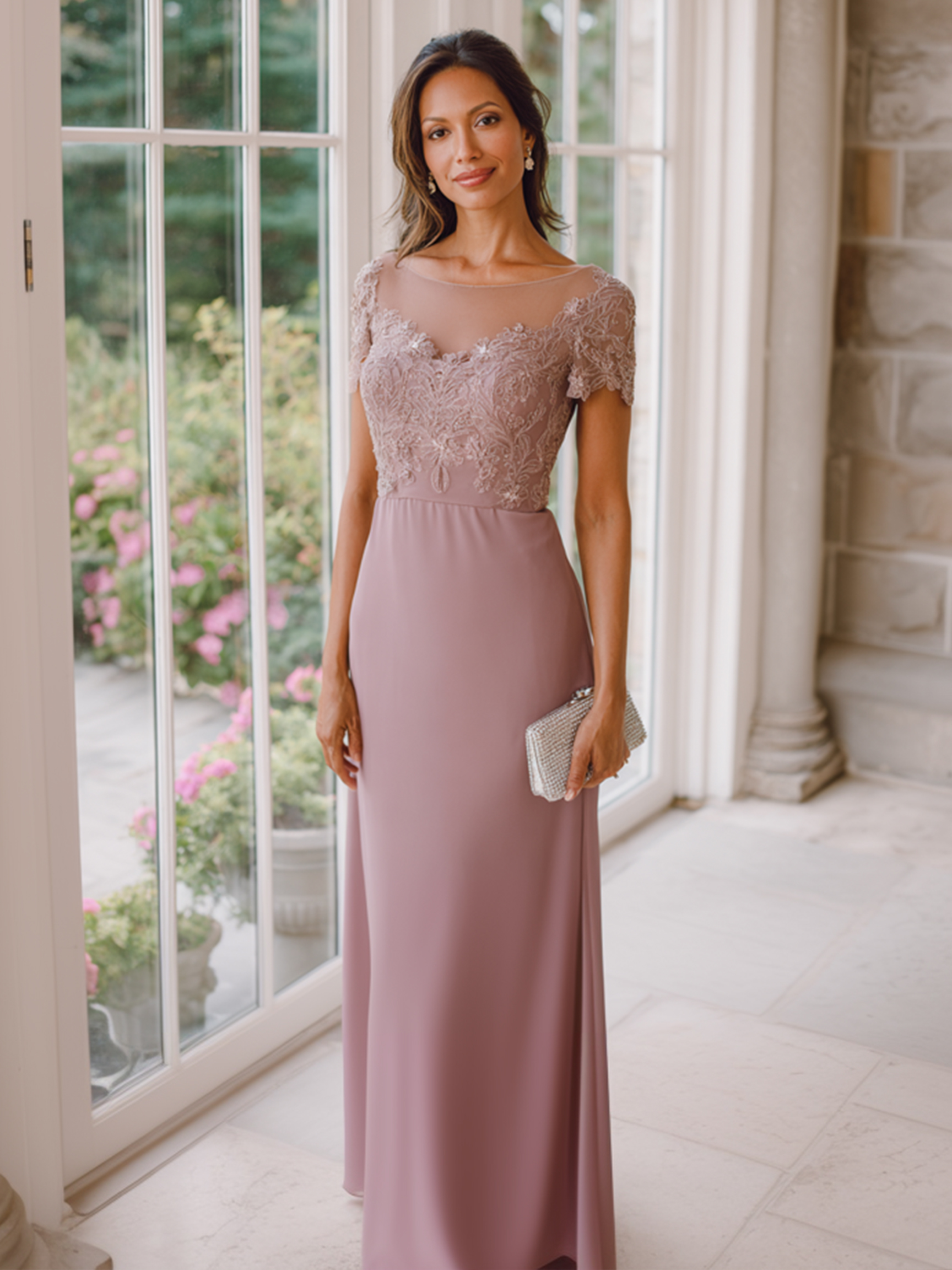 V Neck Lace Appliques Chiffon Mother of the Bride Dresses
