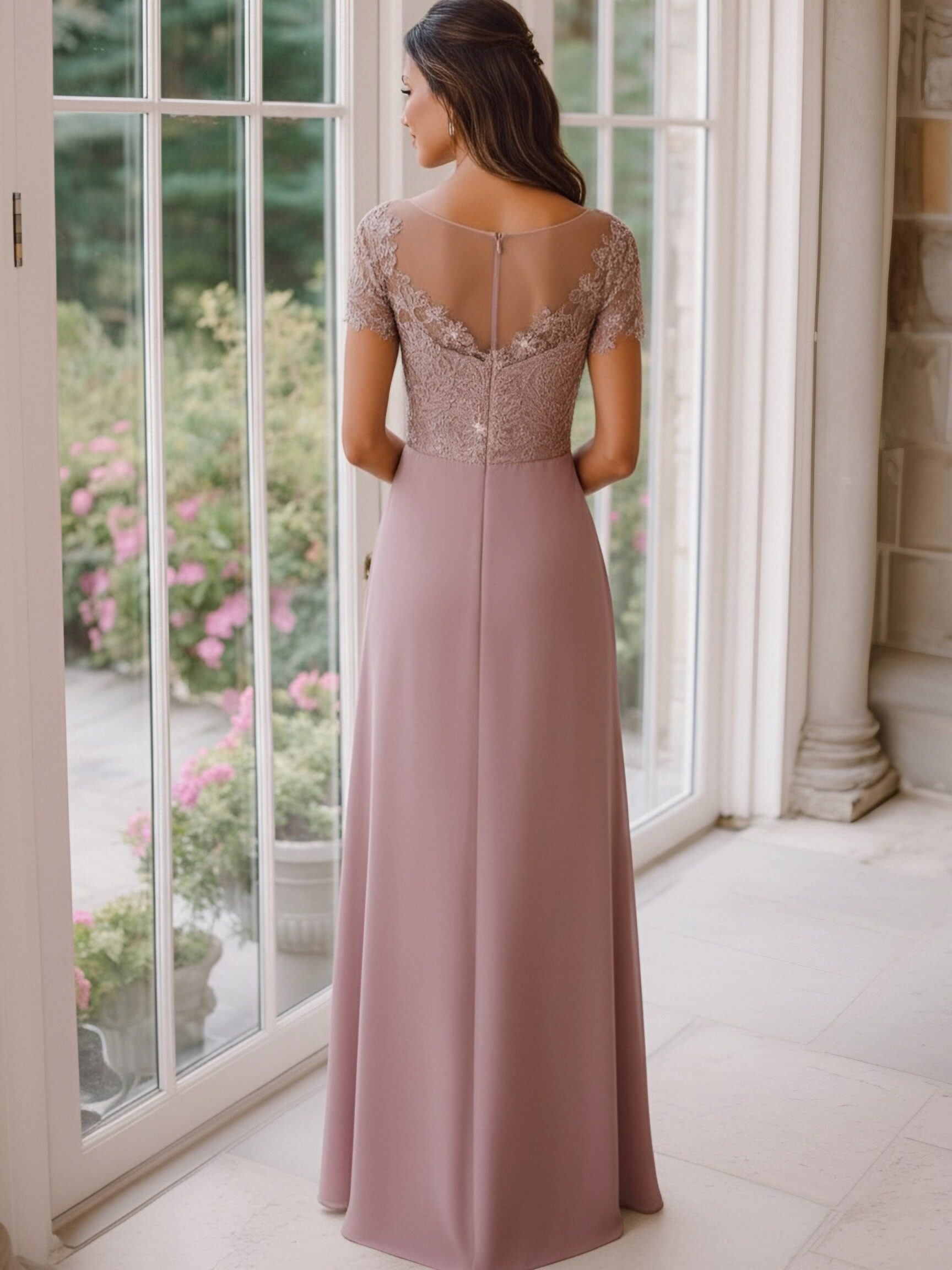 V Neck Lace Appliques Chiffon Mother of the Bride Dresses