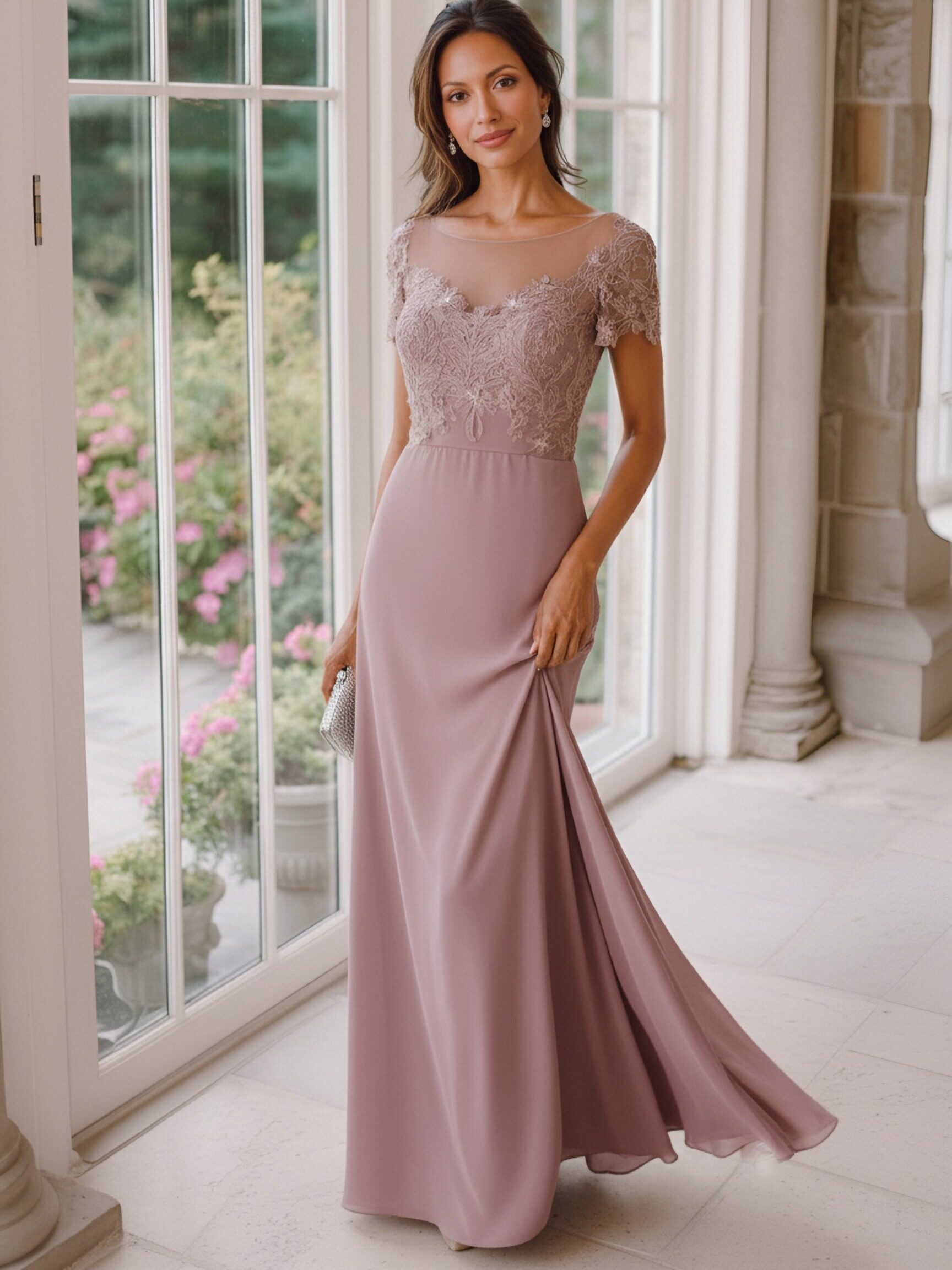 V Neck Lace Appliques Chiffon Mother of the Bride Dresses