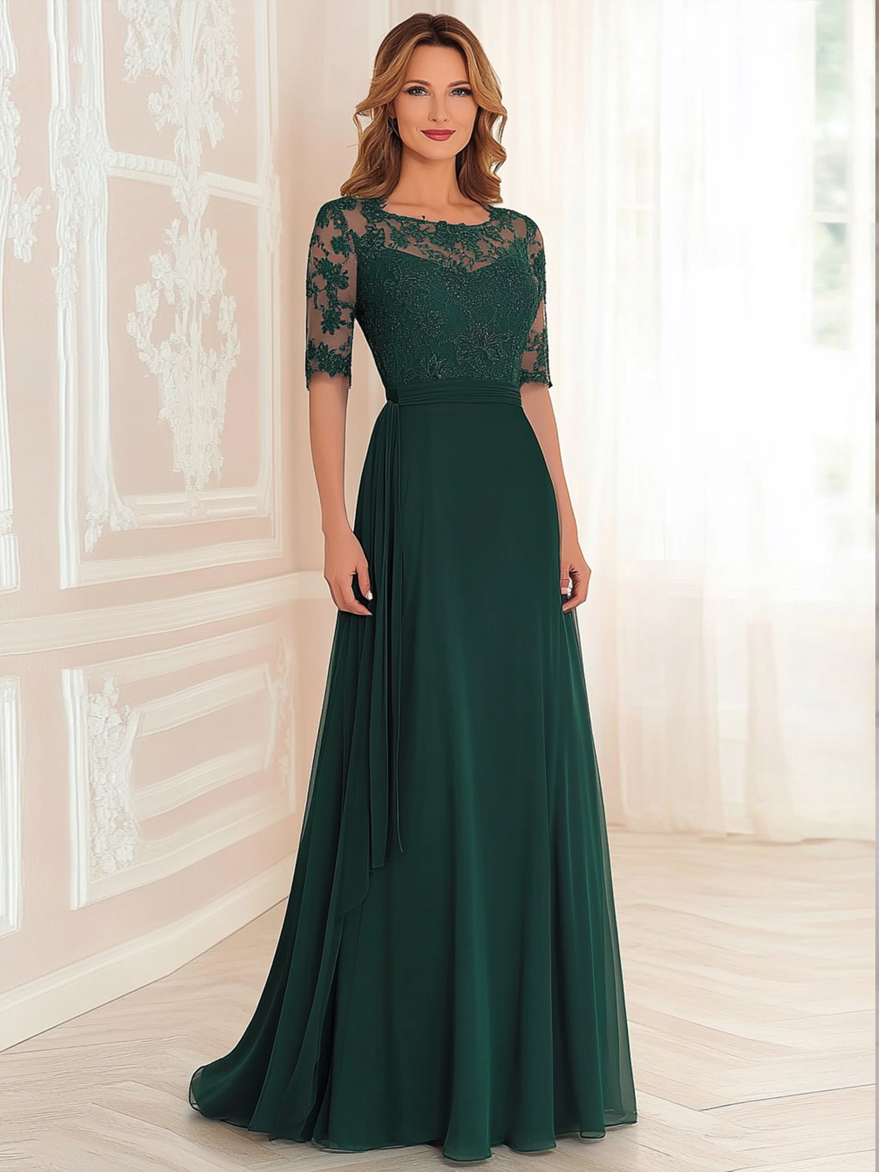 Round Neck Lace Appliques Mother of the Bride Dresses