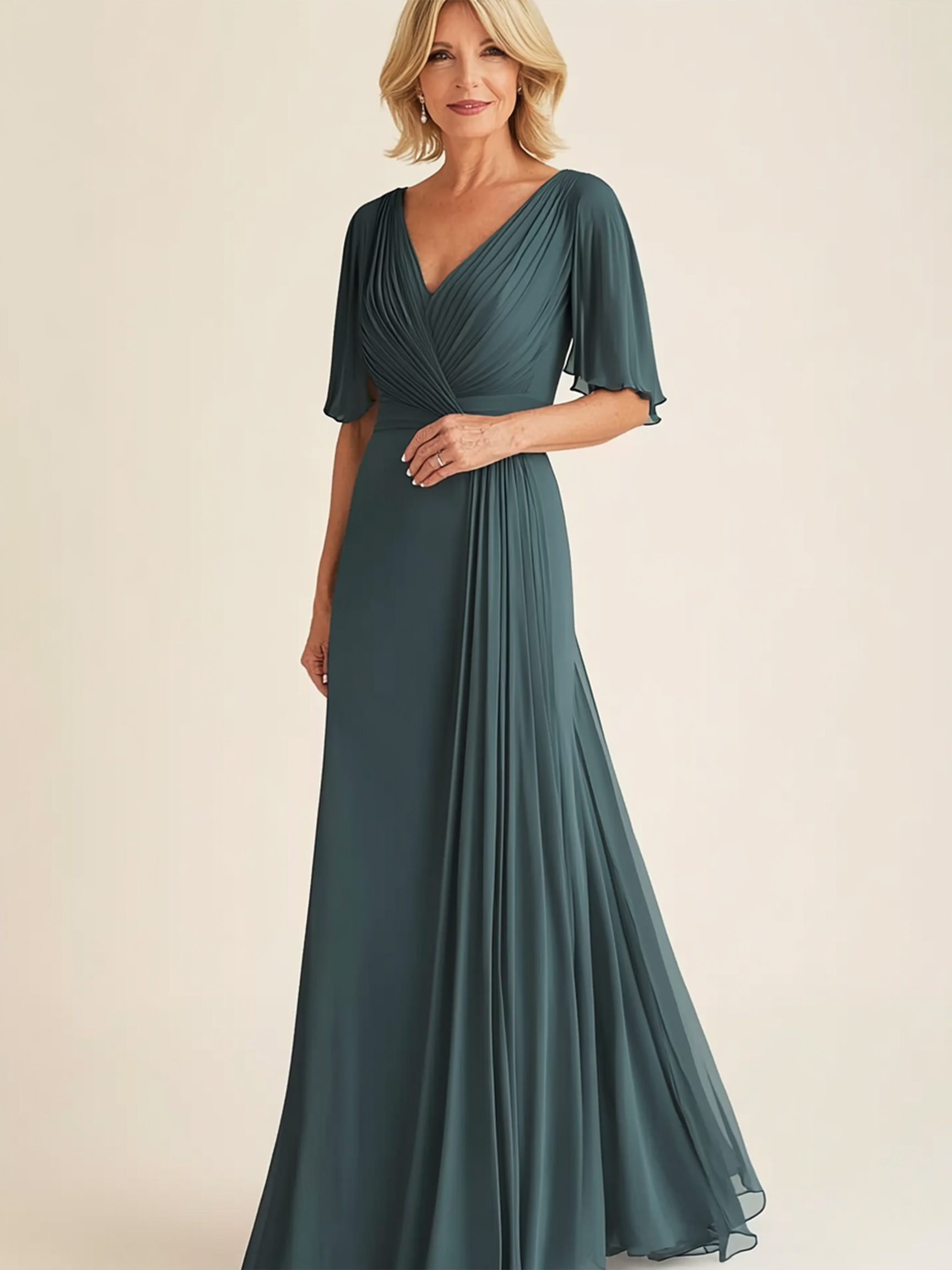 Short Sleeves Chiffon V Neck Mother of the Bride Dresses