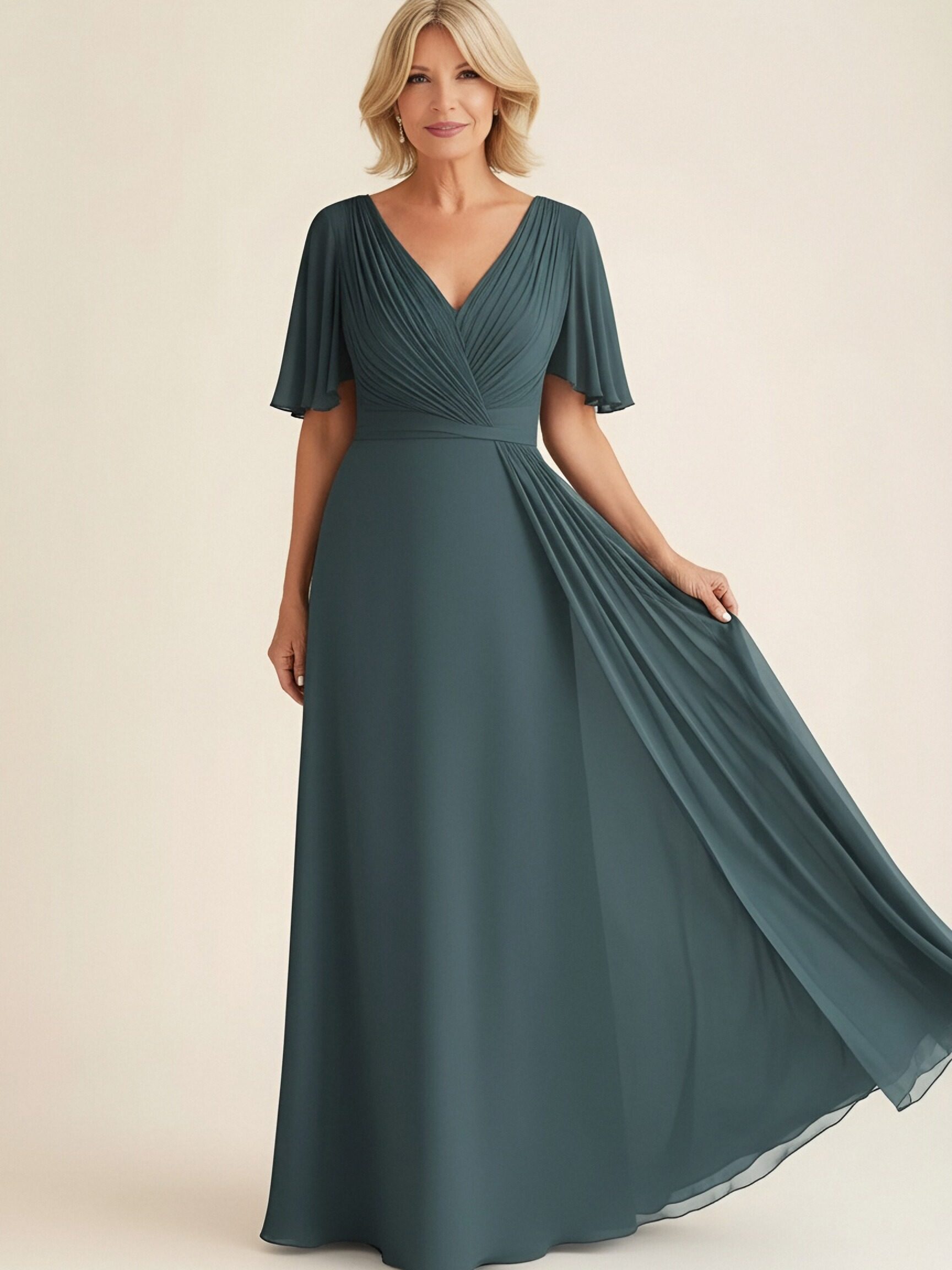 Short Sleeves Chiffon V Neck Mother of the Bride Dresses