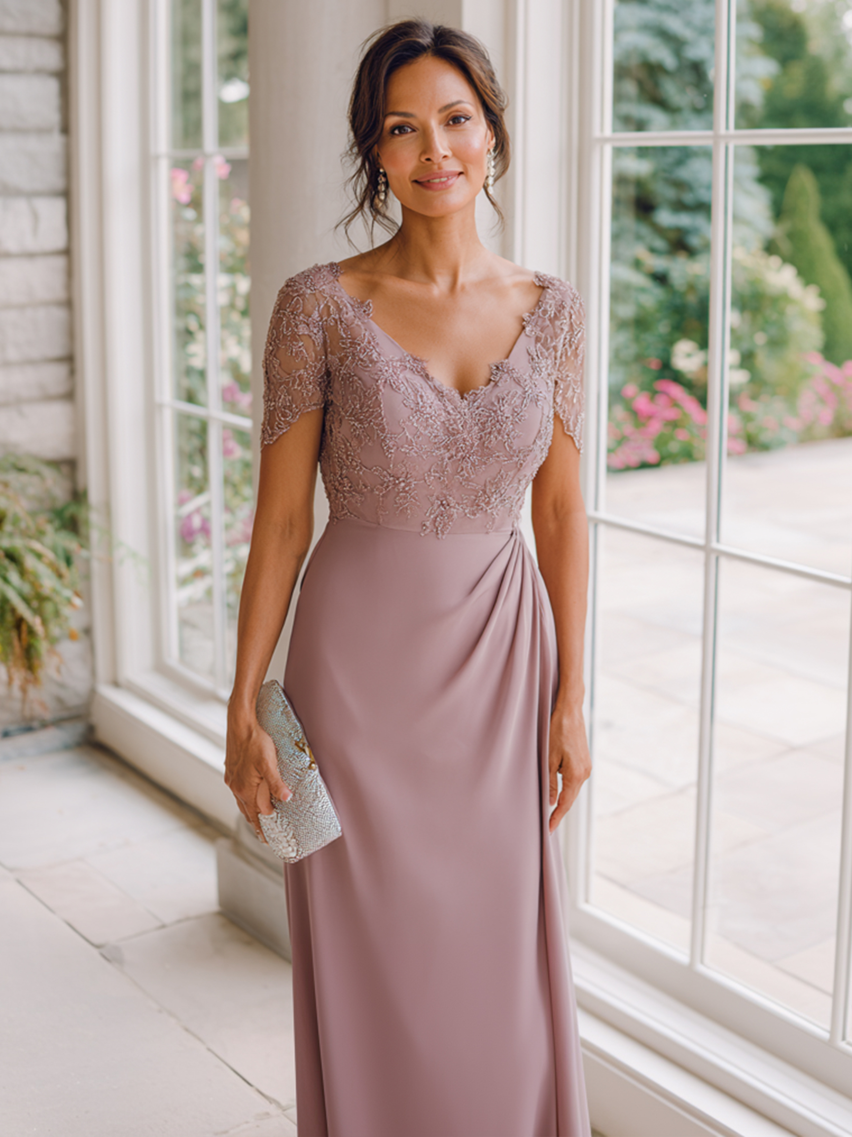 Short Sleeves Chiffon V Neck Mother of the Bride Dresses