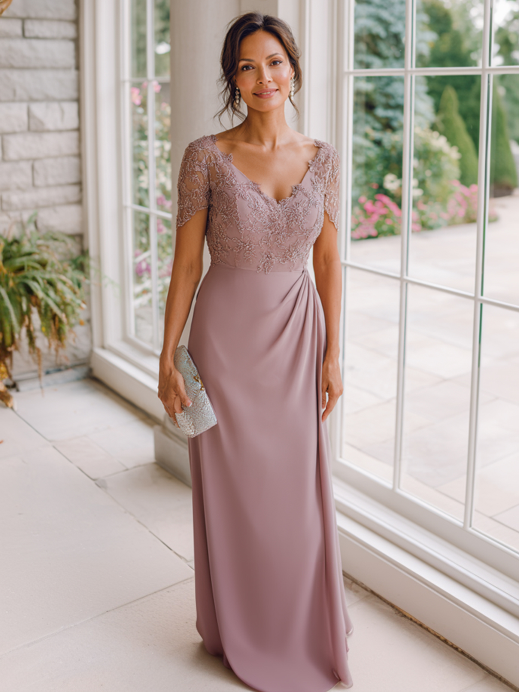 Short Sleeves Chiffon V Neck Mother of the Bride Dresses