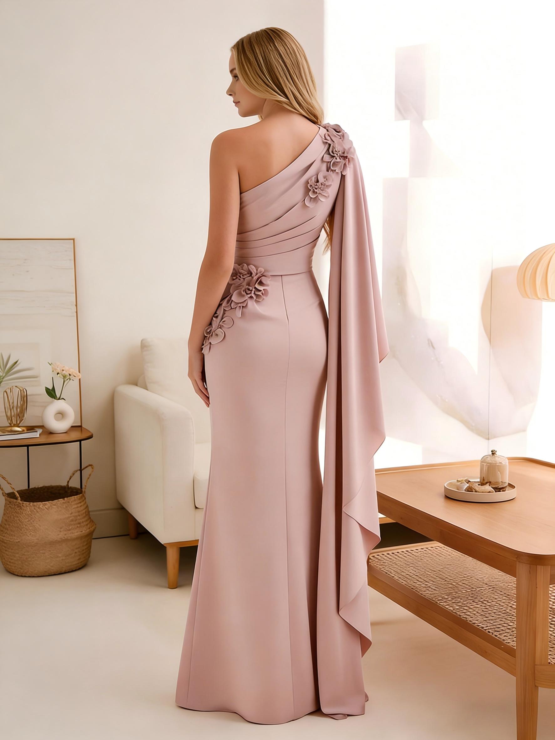 One Shoulder Satin Mother of the Bride Dresses with Sleeves