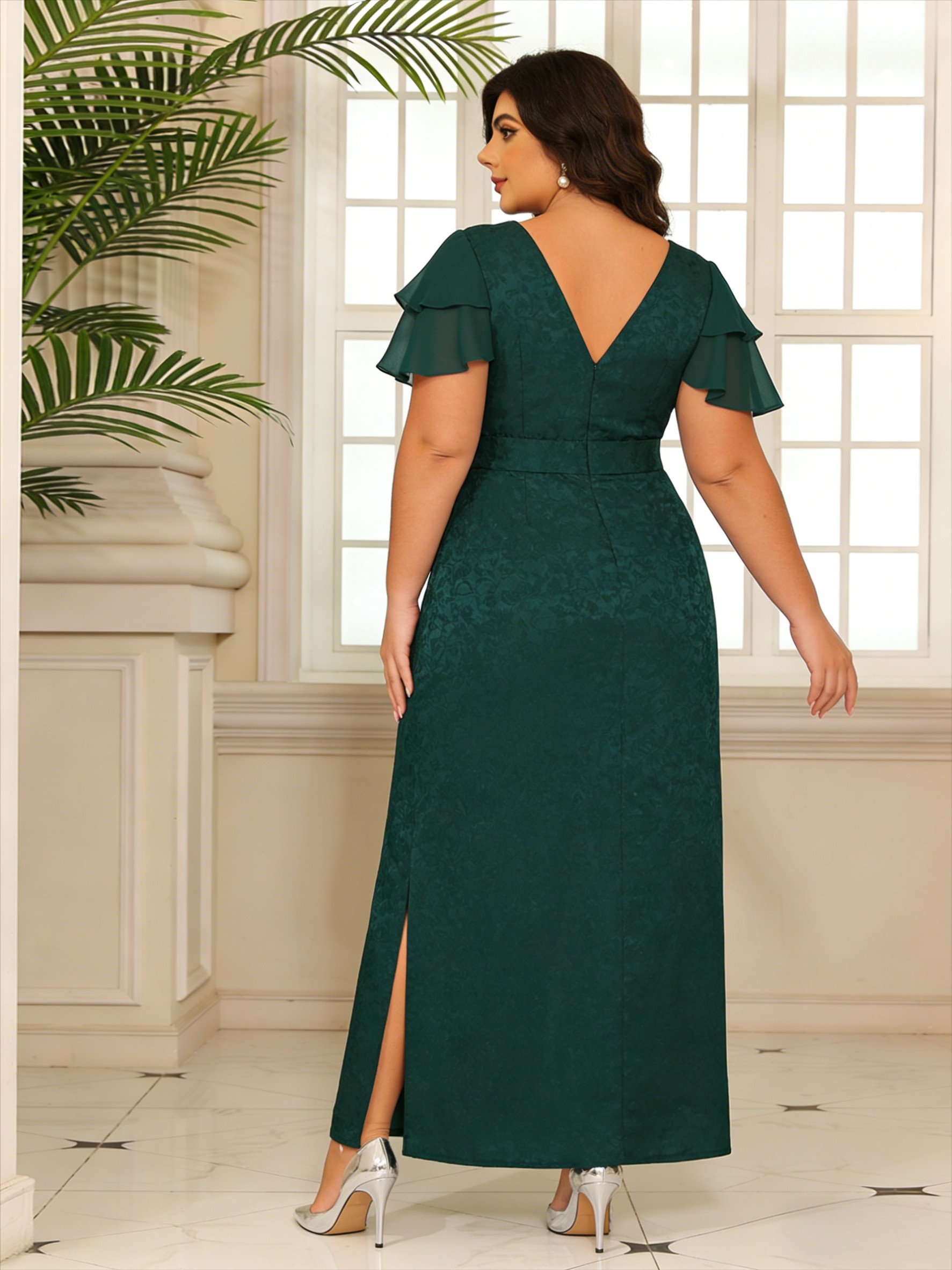 V Neck Satin Floral Print Ruffles Mother of the Bride Dresses