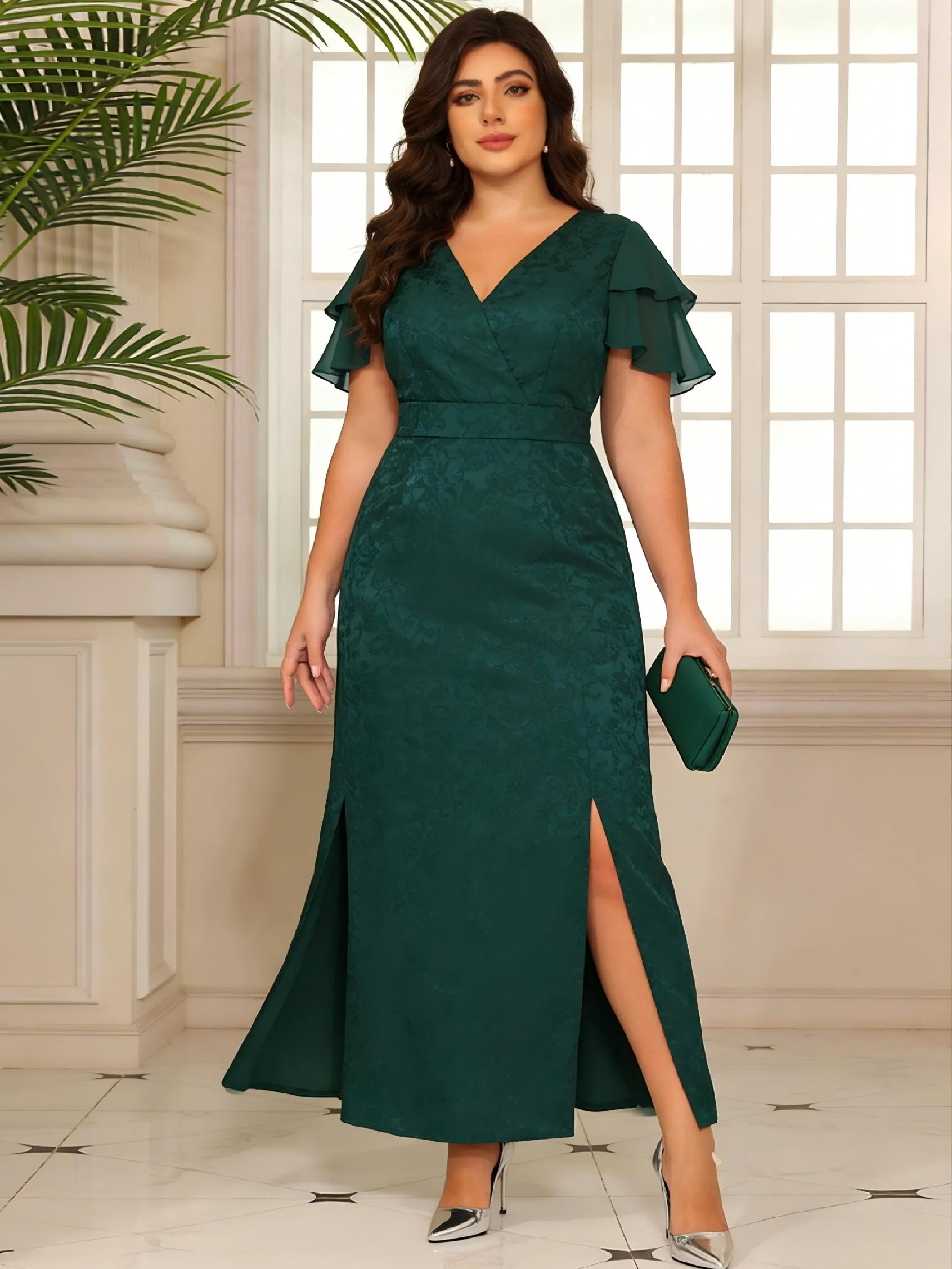 V Neck Satin Floral Print Ruffles Mother of the Bride Dresses