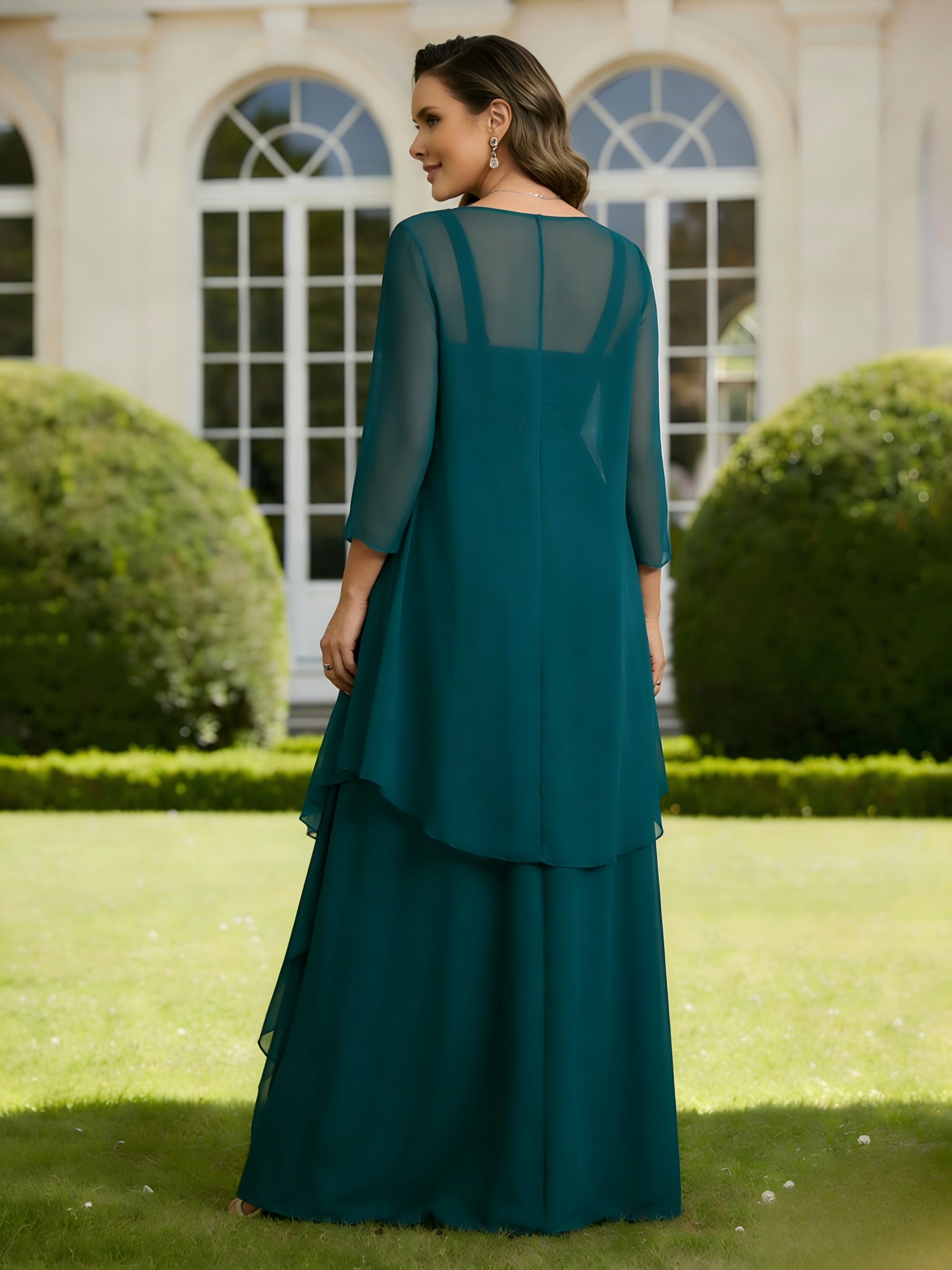 Chiffon Square Neck 2 Pieces Ruffles Mother of the Bride Dresses with Jackets