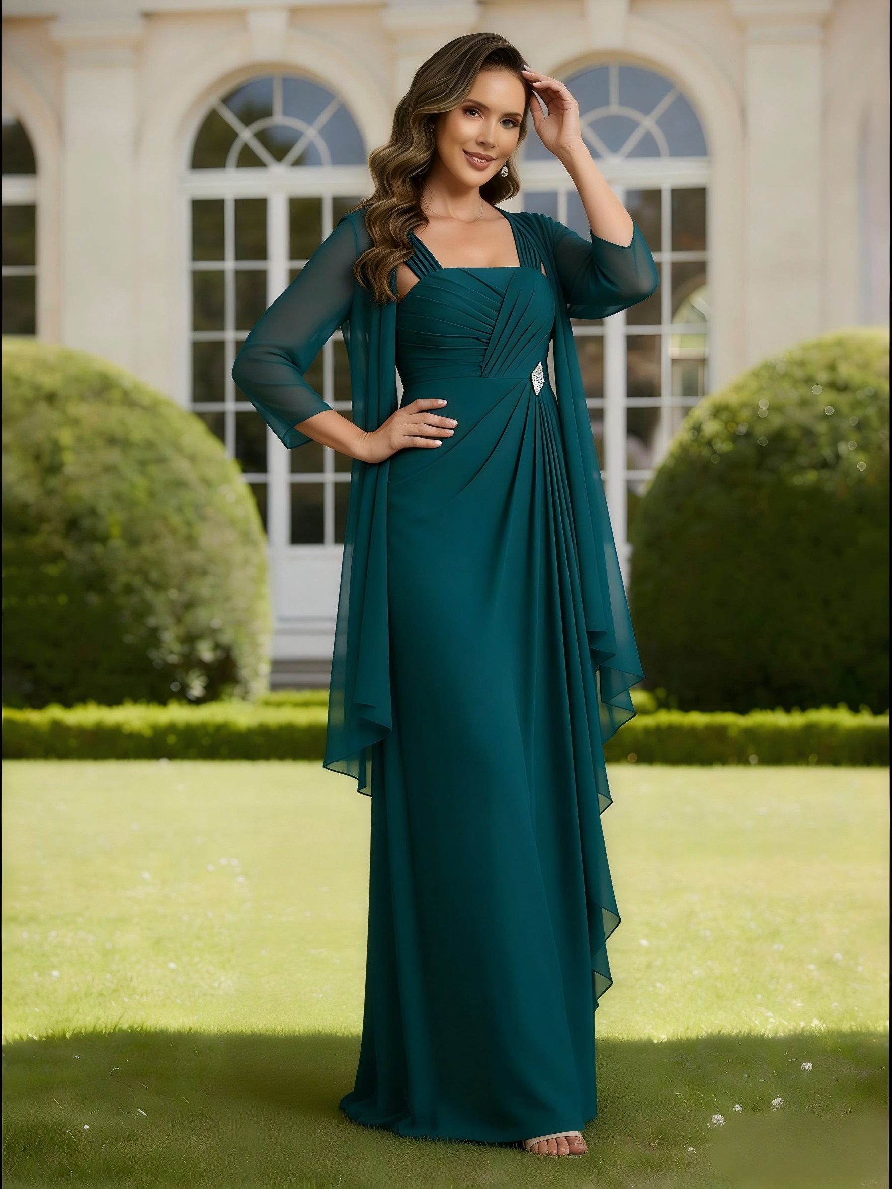 Chiffon Square Neck 2 Pieces Ruffles Mother of the Bride Dresses with Jackets