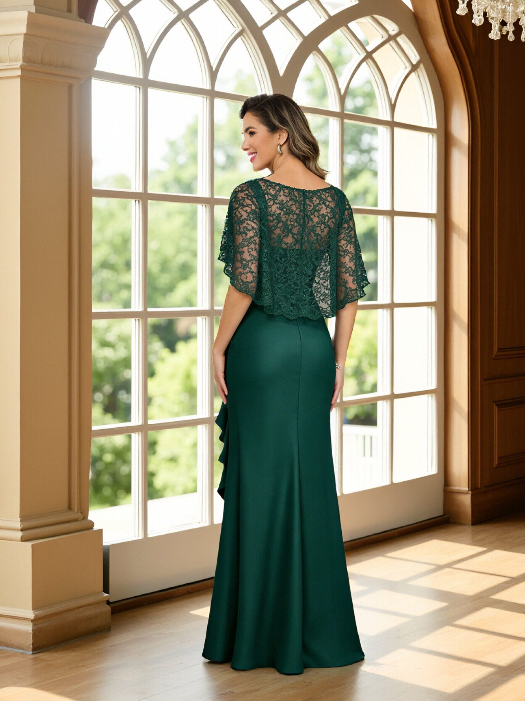 Round Neck Lace Appliques Chiffon Mermaid Short Sleeves Ruffles Mother of the Bride Dresses