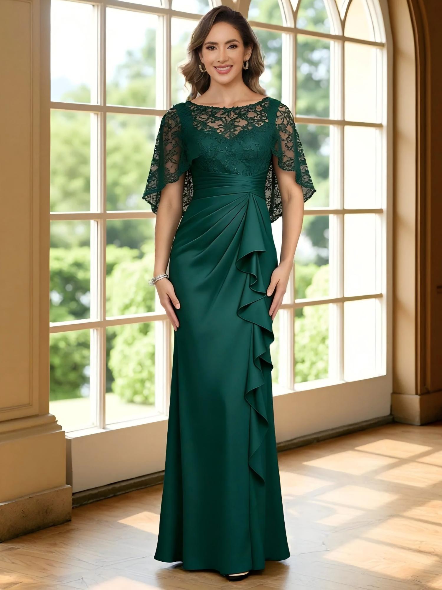 Round Neck Lace Appliques Chiffon Mermaid Short Sleeves Ruffles Mother of the Bride Dresses