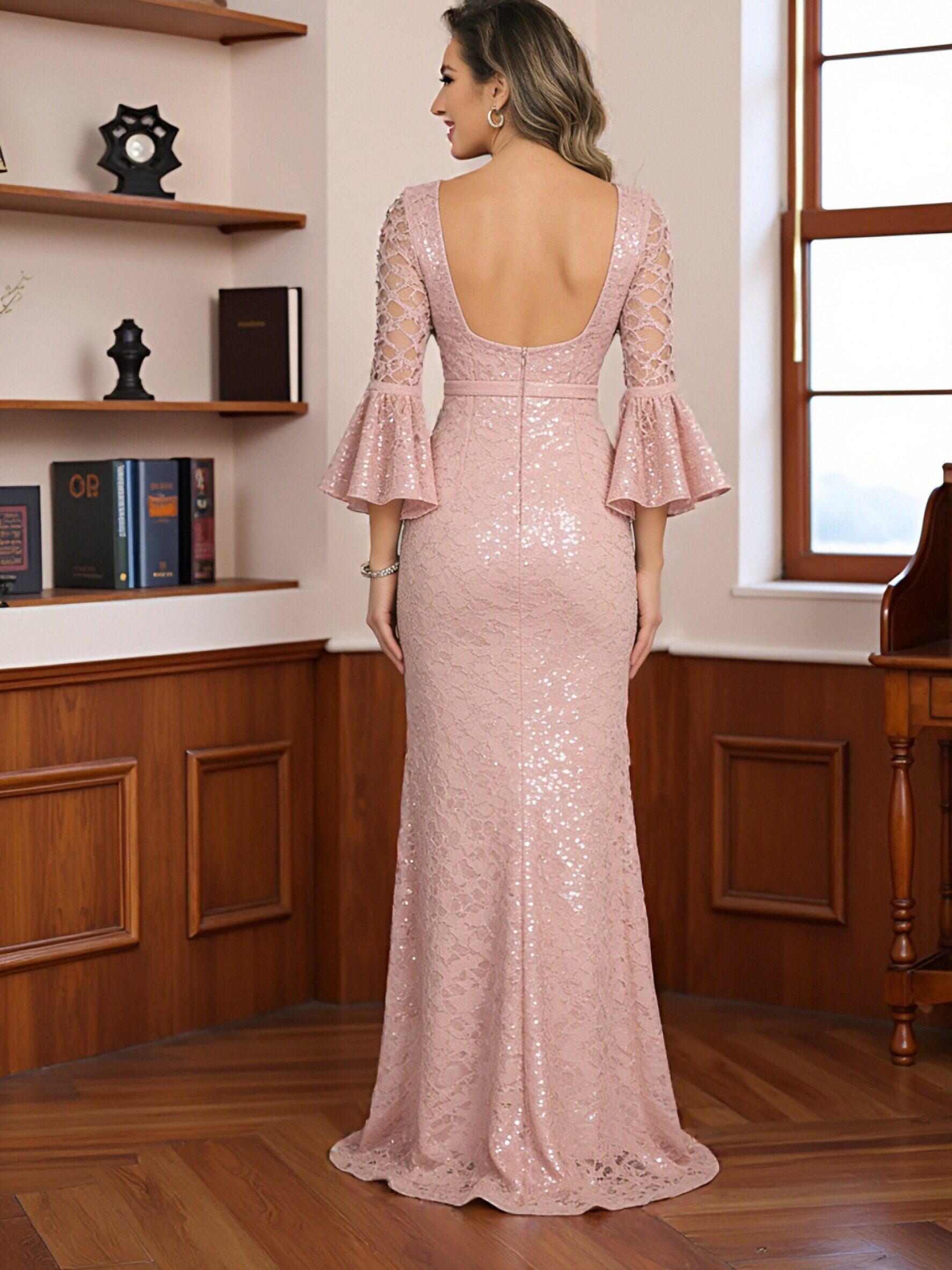 Round Neck Lace Appliques Mermaid Long Sleeves Ruffles Mother of the Bride Dresses